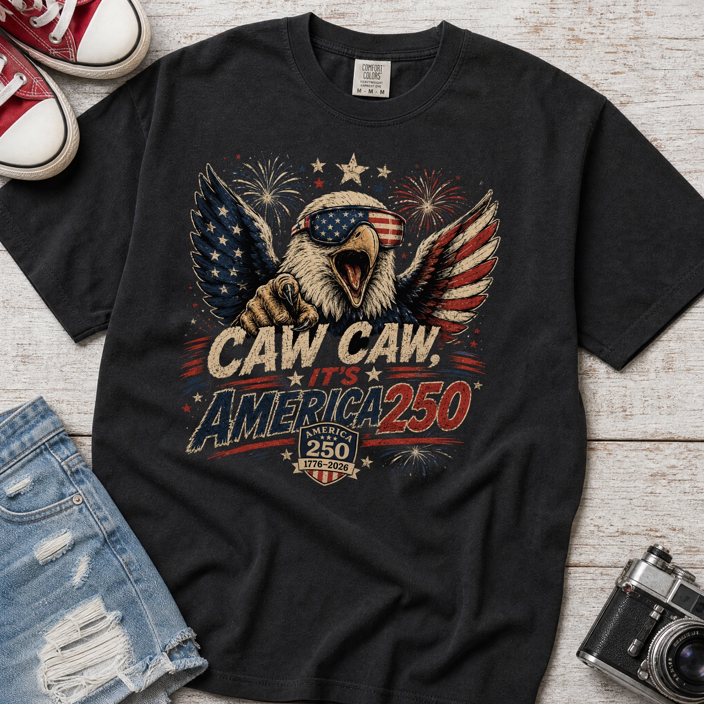 Patriotic Eagle T-Shirt — “Caw Caw It's America 250” Vintage Fourth of July Tee