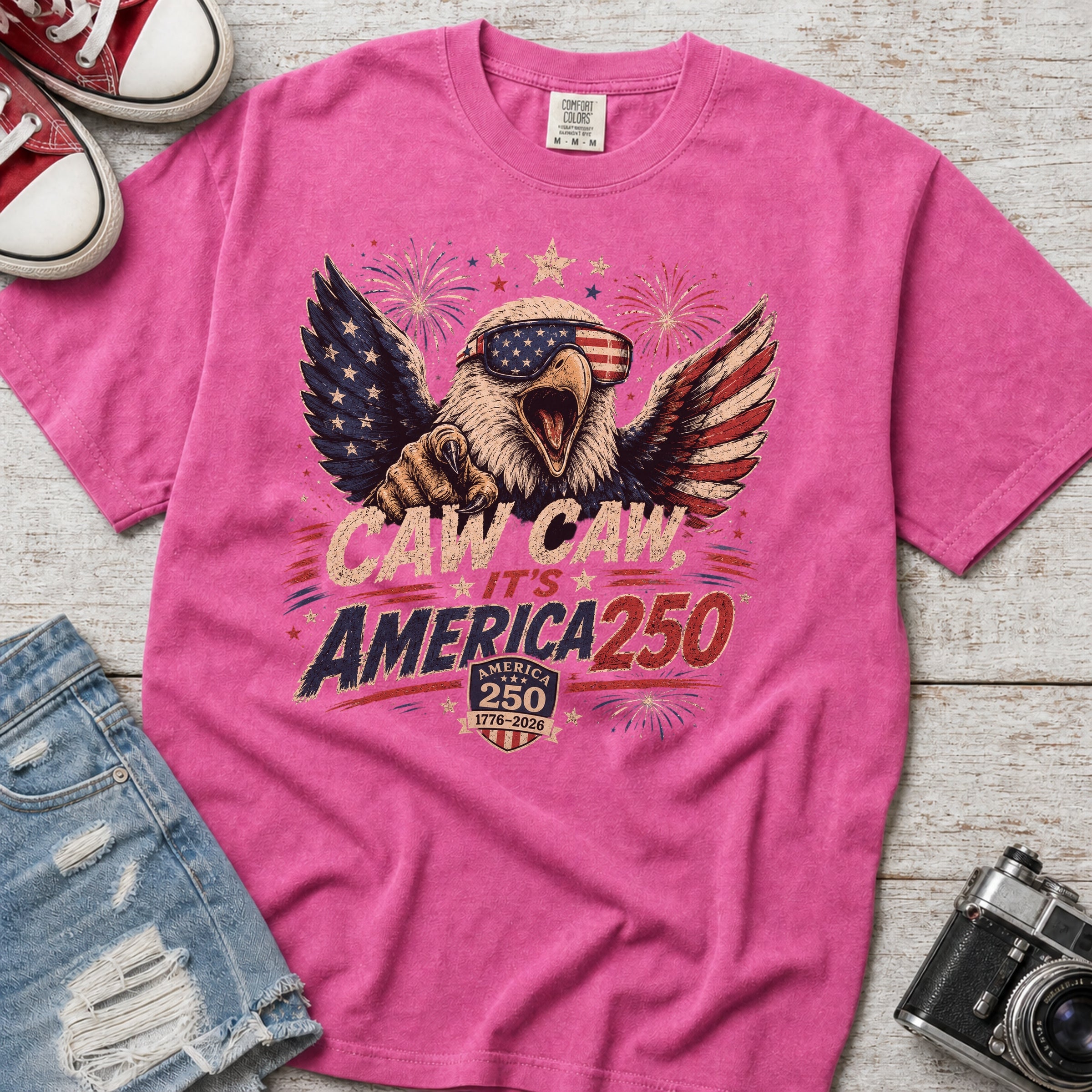 Patriotic Eagle T-Shirt — “Caw Caw It's America 250” Vintage Fourth of July Tee