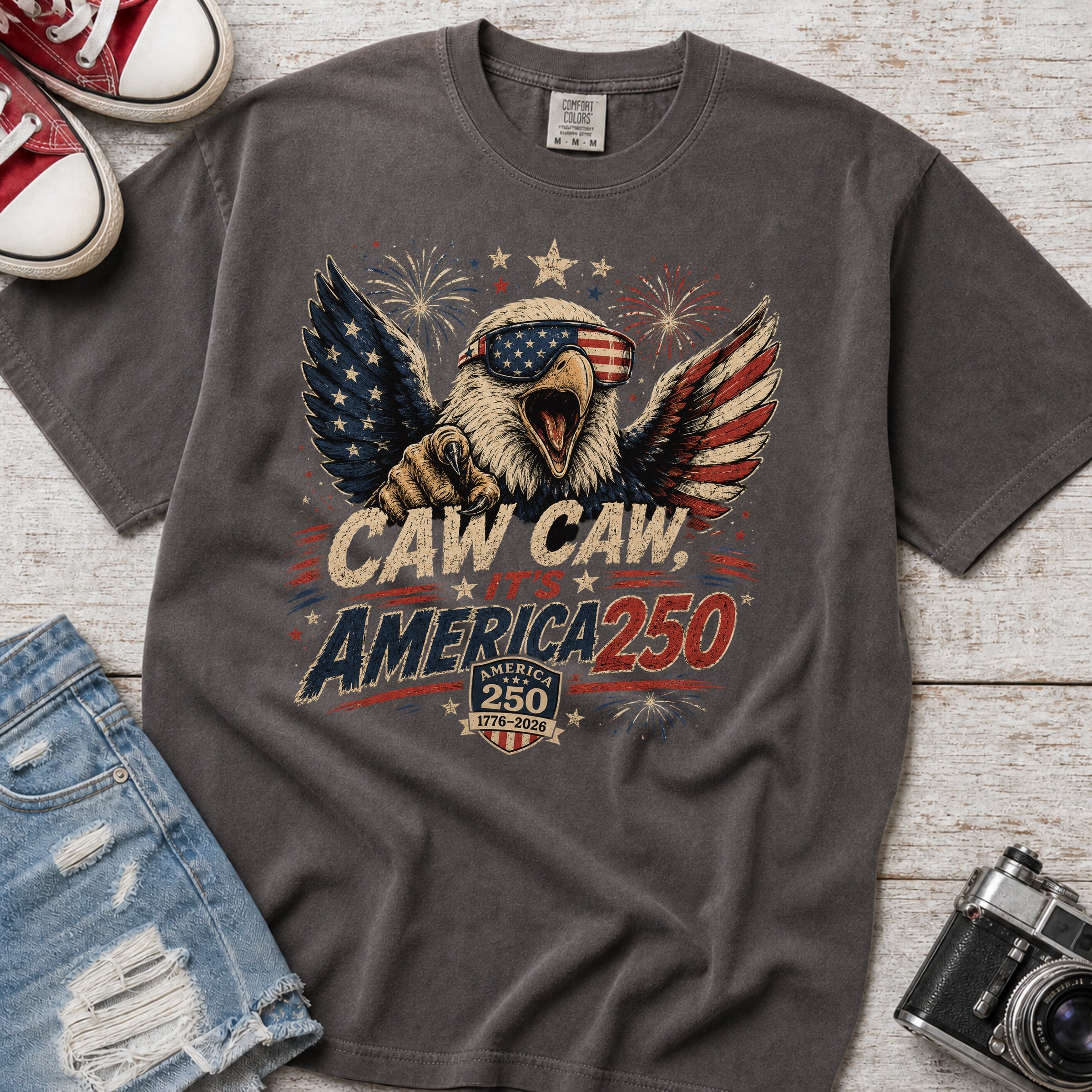 Patriotic Eagle T-Shirt — “Caw Caw It's America 250” Vintage Fourth of July Tee