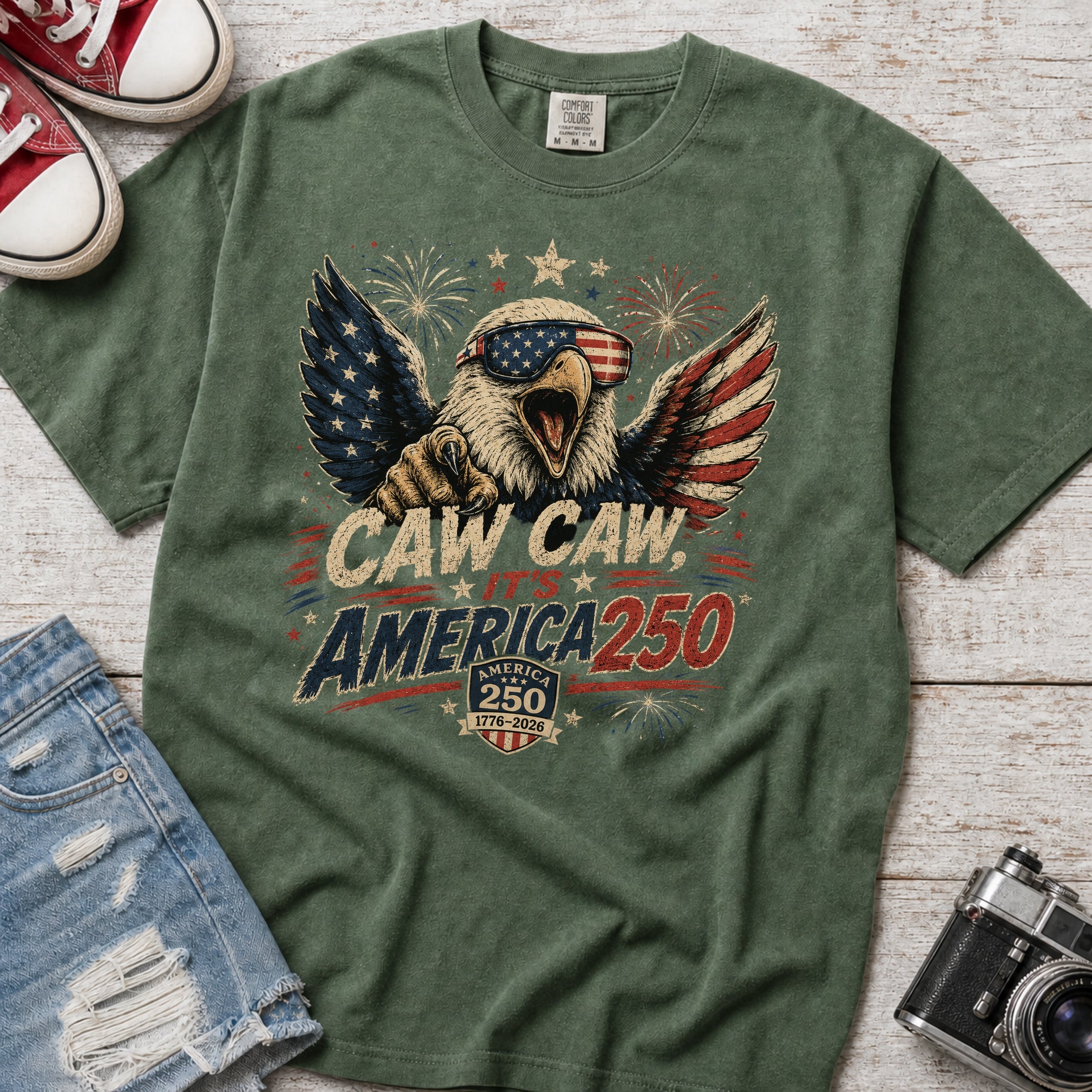 Patriotic Eagle T-Shirt — “Caw Caw It's America 250” Vintage Fourth of July Tee