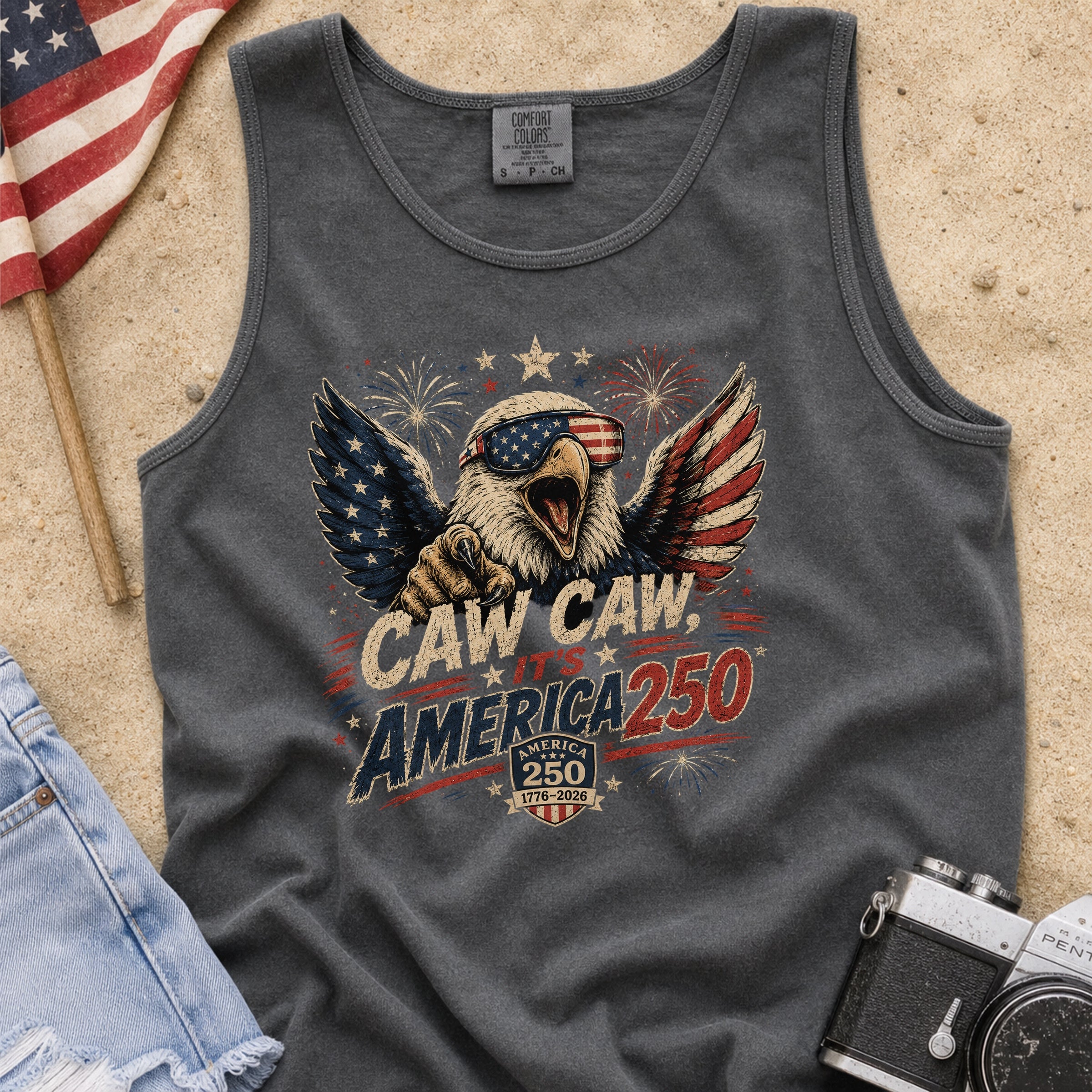 Patriotic Eagle Tank Top — “Caw Caw It's America 250” Vintage Fourth of July Shirt