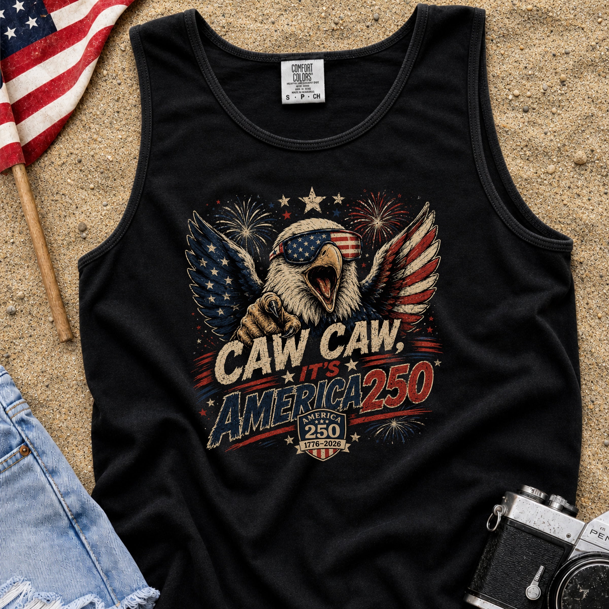 Patriotic Eagle Tank Top — “Caw Caw It's America 250” Vintage Fourth of July Shirt