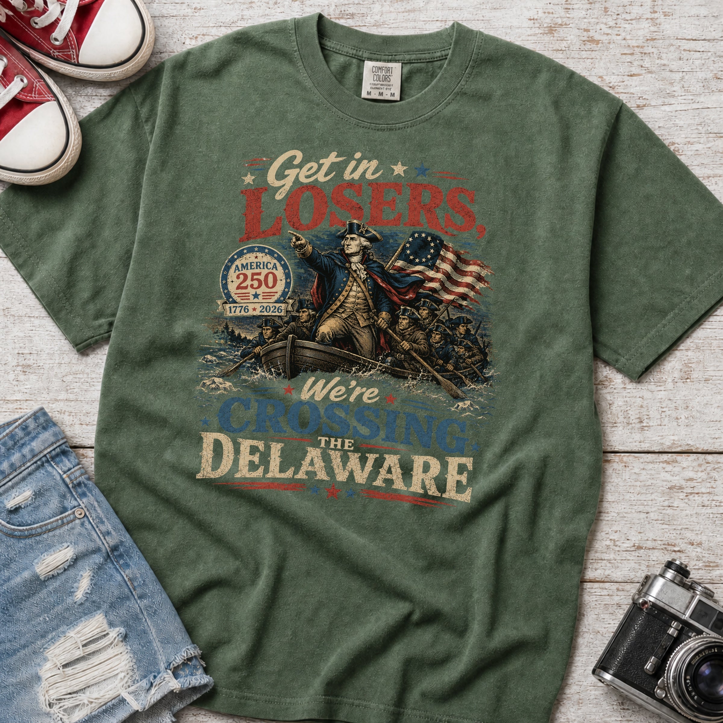 Get in Losers, We're Crossing Delaware Patriotic George Washington Vintage Design T-Shirt