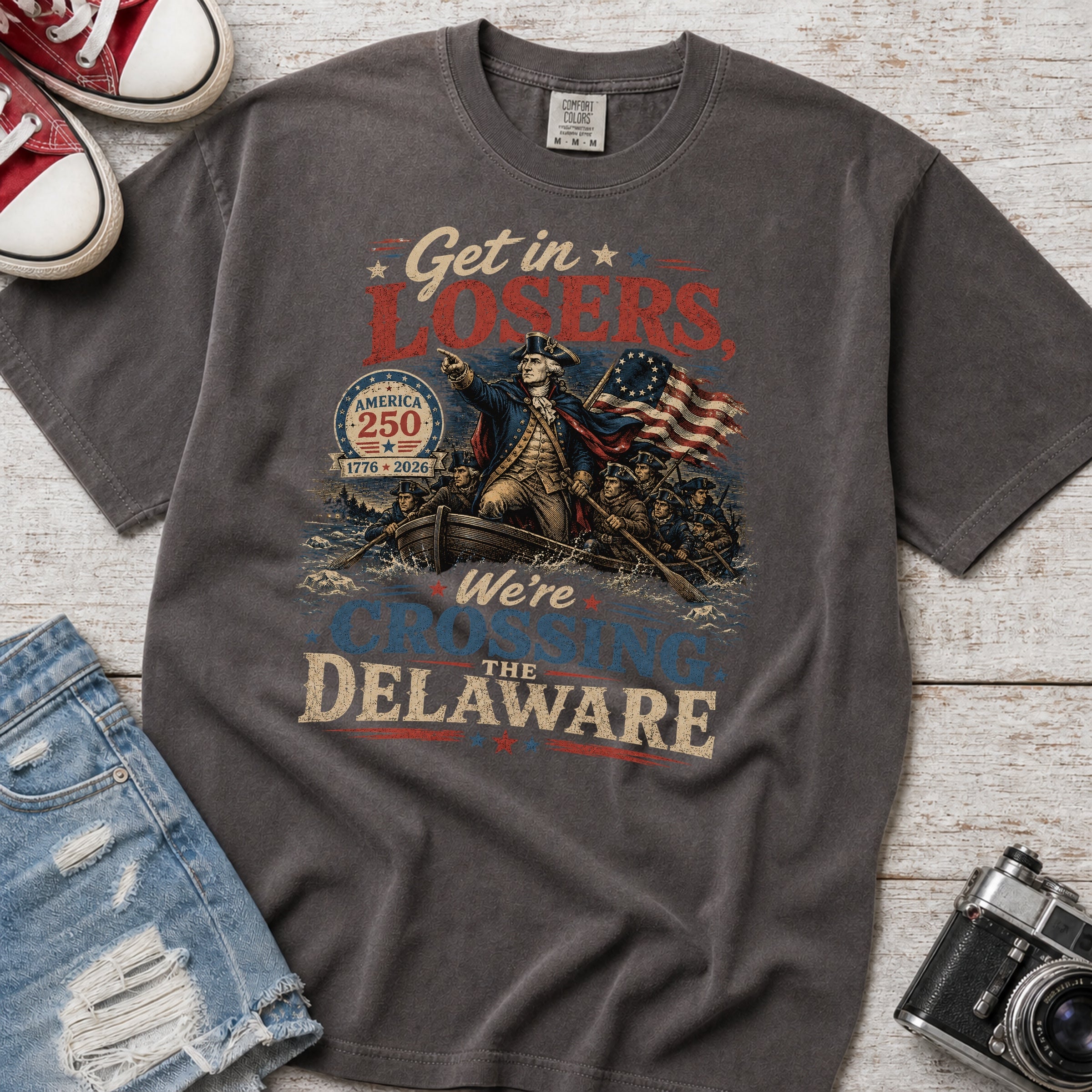 Get in Losers, We're Crossing Delaware Patriotic George Washington Vintage Design T-Shirt Secondary image