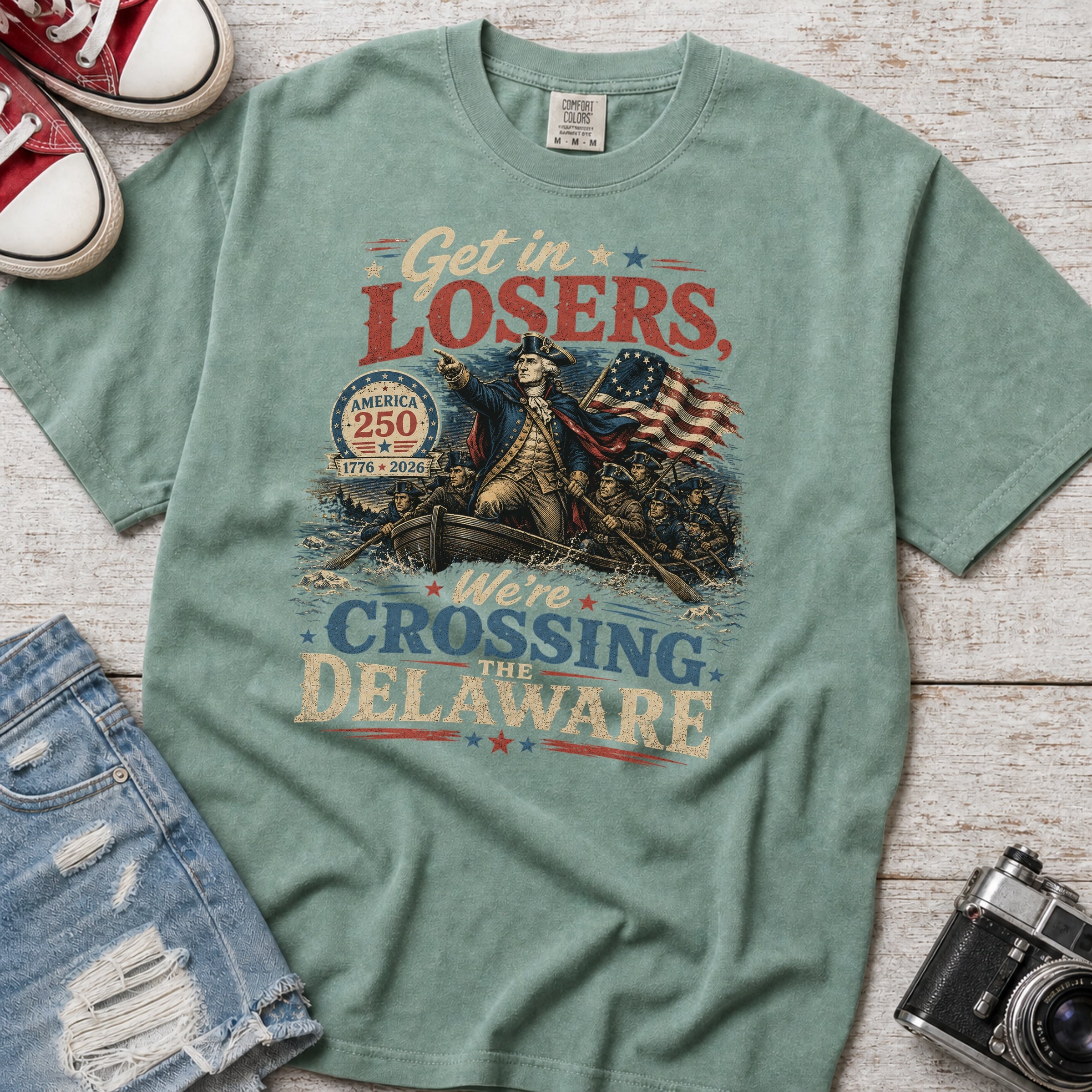Get in Losers, We're Crossing Delaware Patriotic George Washington Vintage Design T-Shirt