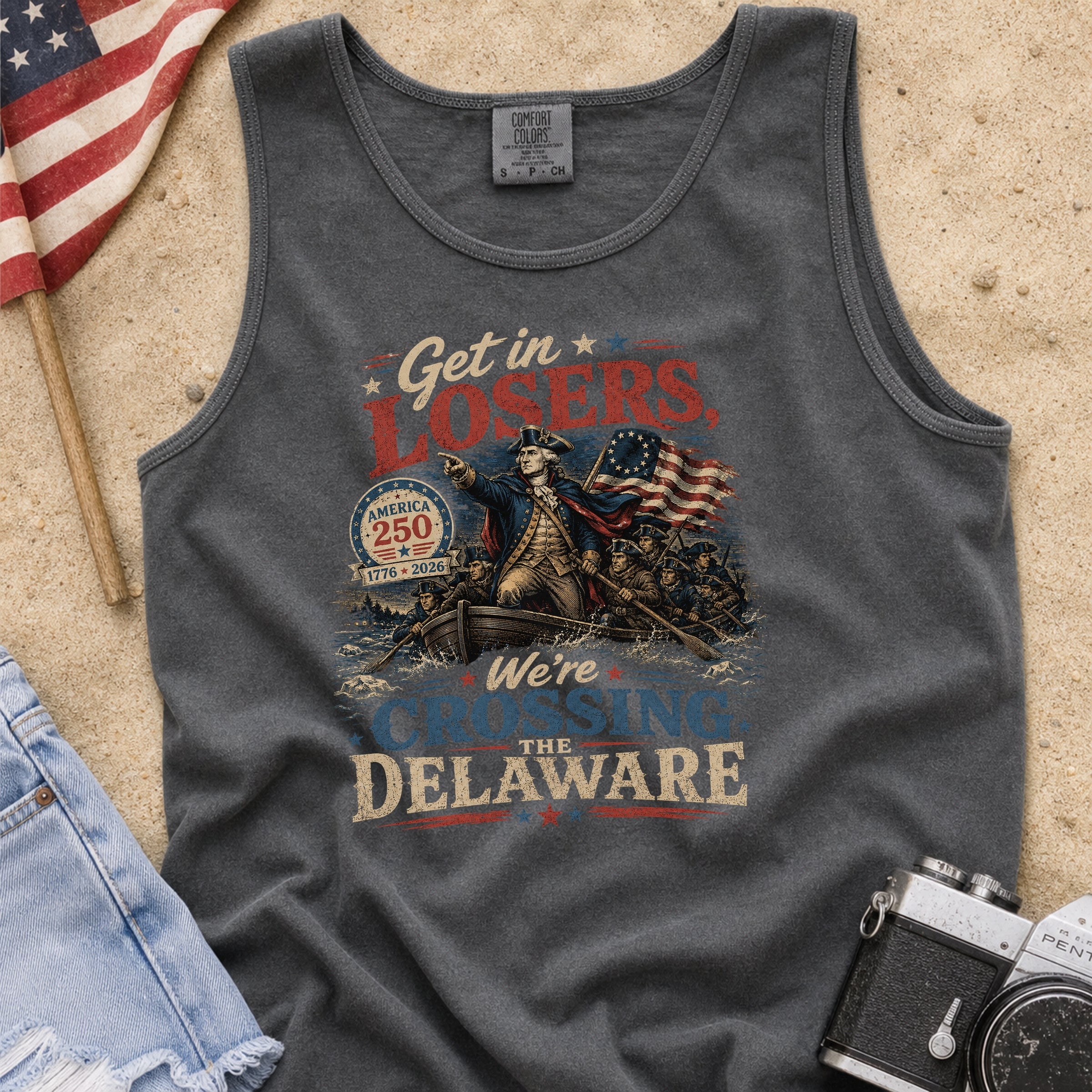 Get in Losers, We're Crossing Delaware Patriotic George Washington Vintage Design Tank Top Main image
