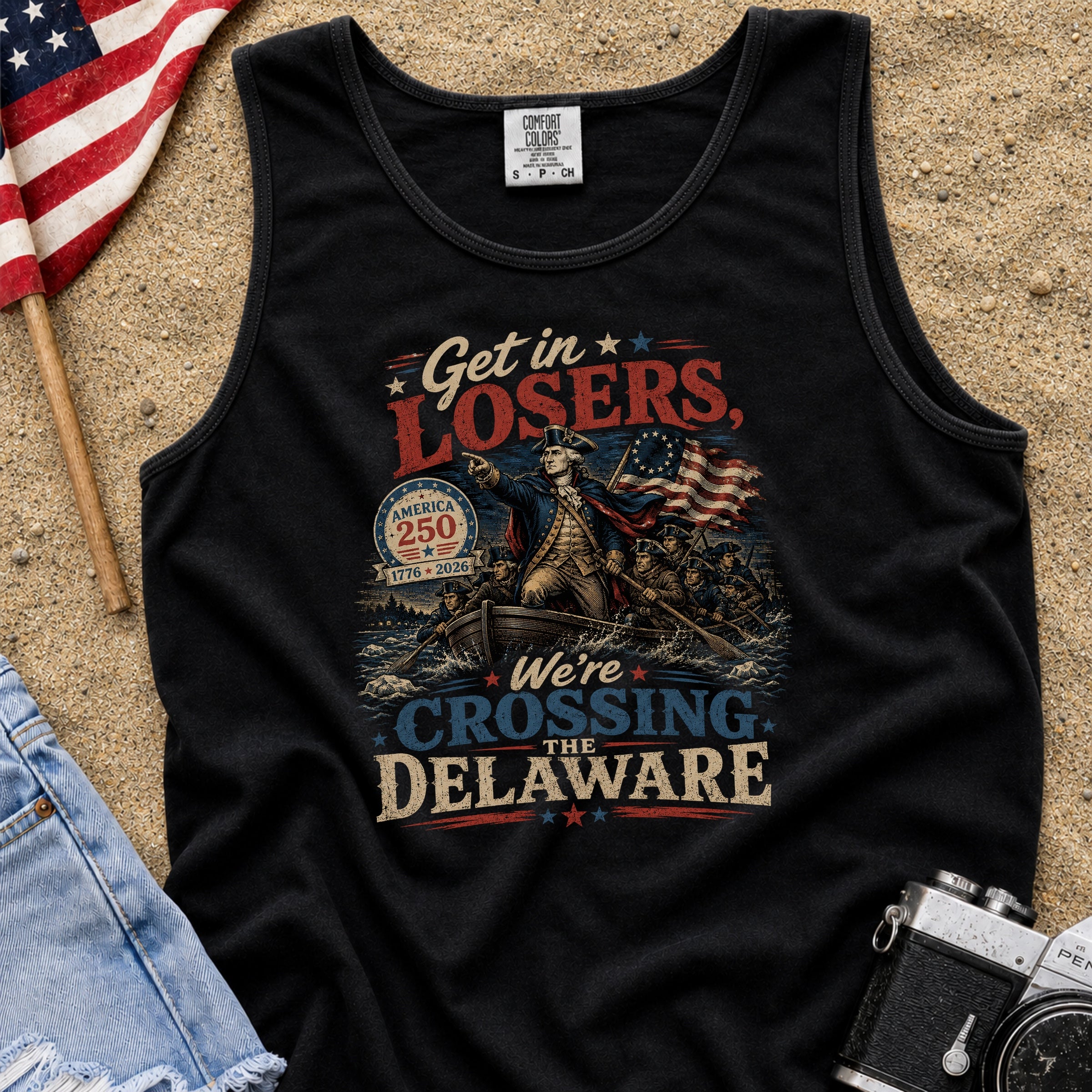 Get in Losers, We're Crossing Delaware Patriotic George Washington Vintage Design Tank Top