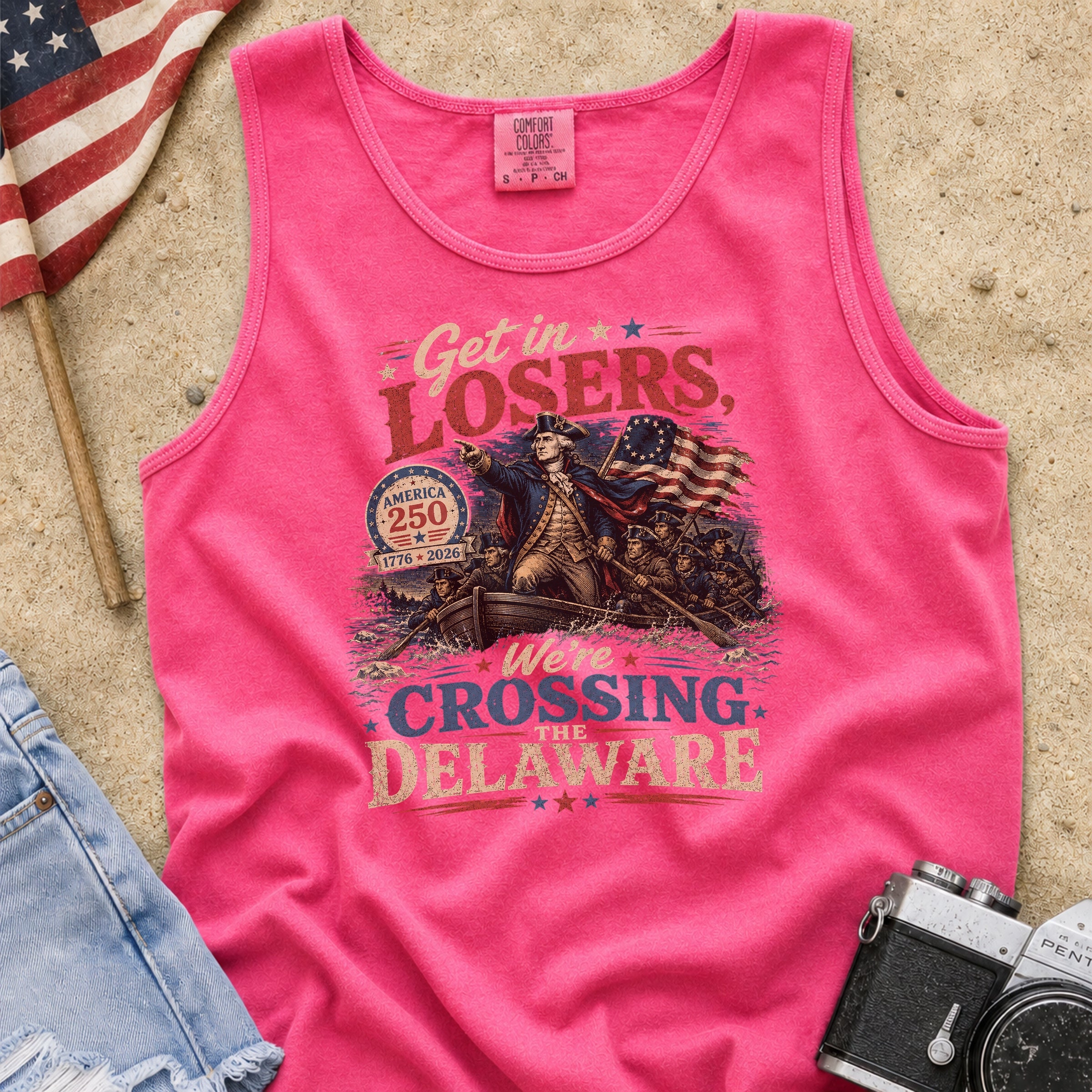Get in Losers, We're Crossing Delaware Patriotic George Washington Vintage Design Tank Top