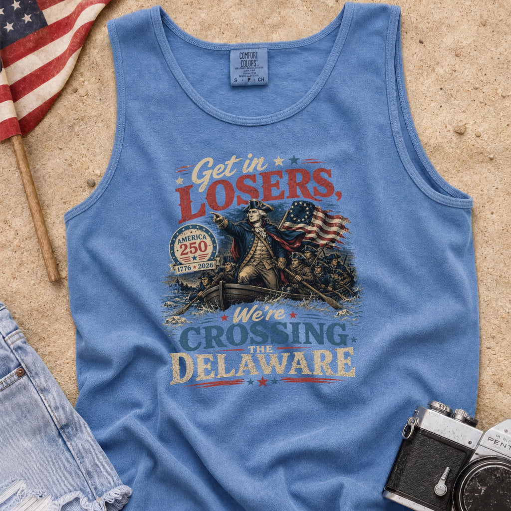 Get in Losers, We're Crossing Delaware Patriotic George Washington Vintage Design Tank Top