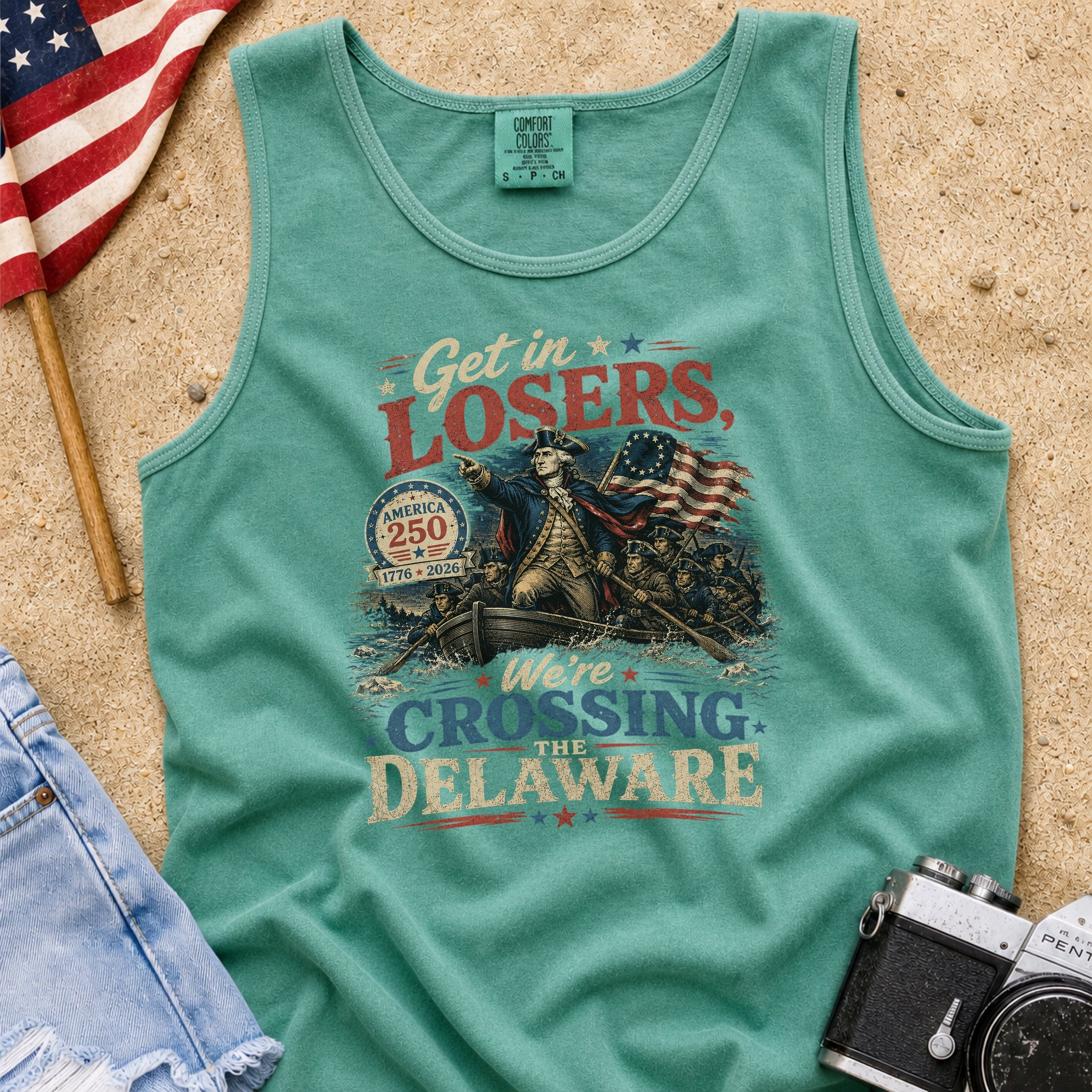 Get in Losers, We're Crossing Delaware Patriotic George Washington Vintage Design Tank Top Secondary image