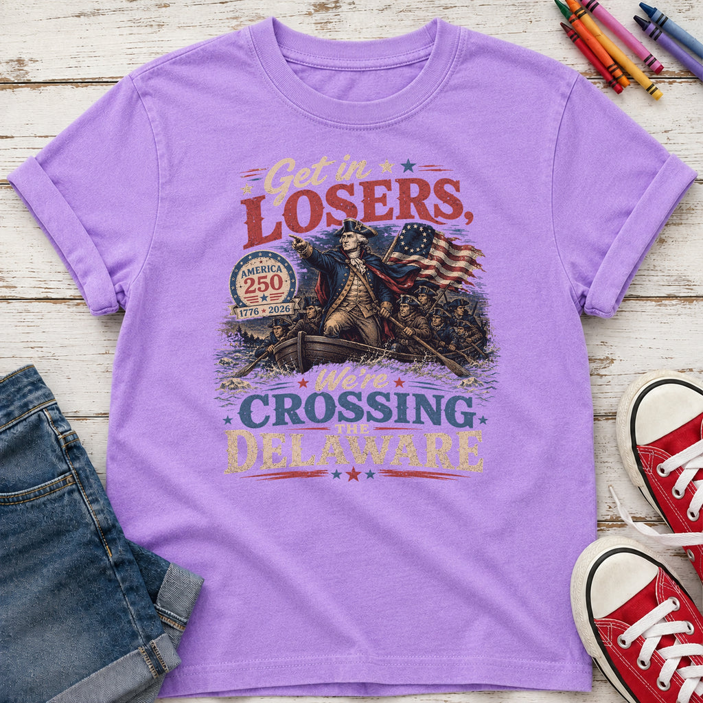 Get in Losers, We're Crossing Delaware Patriotic George Washington Vintage Design Youth T-Shirt