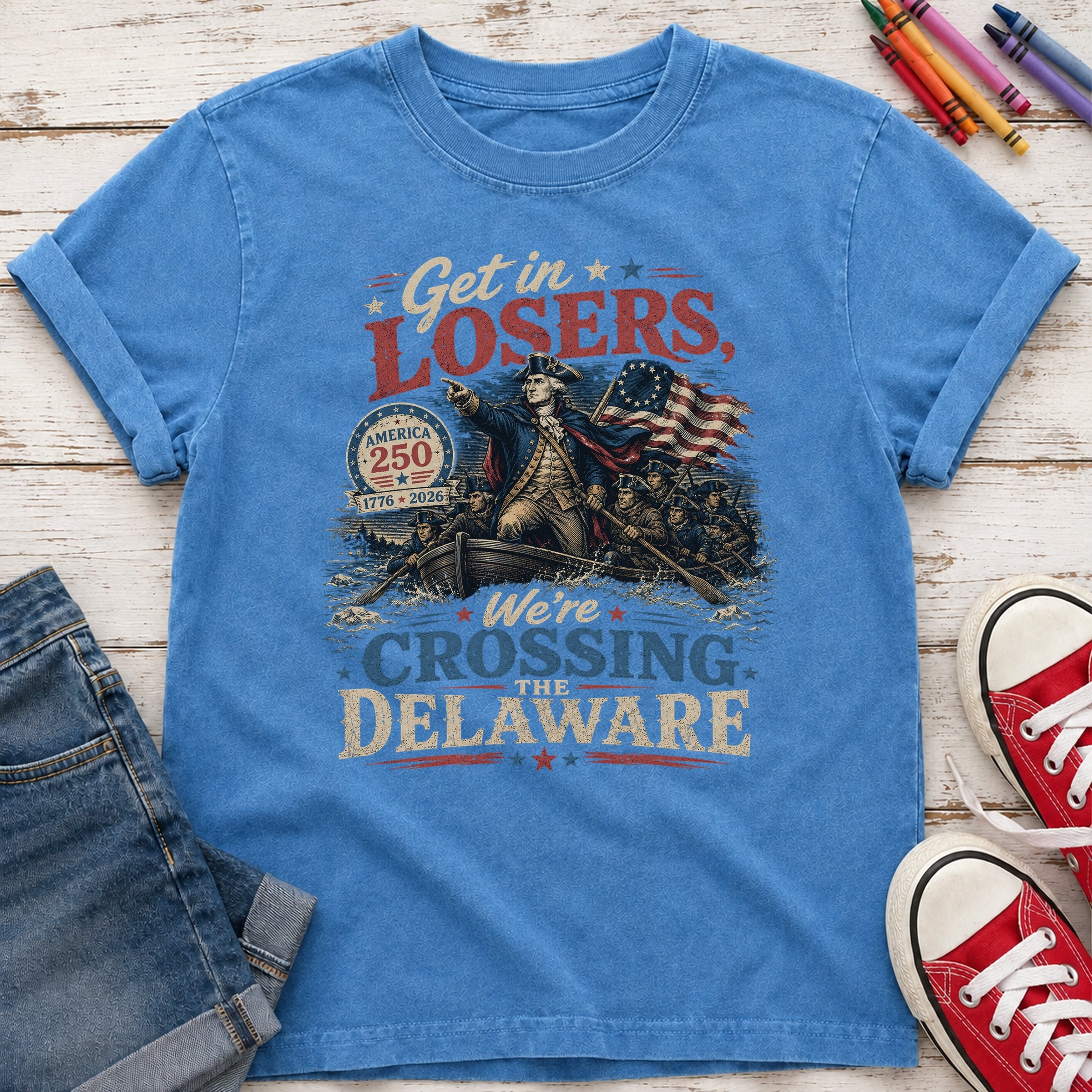Get in Losers, We're Crossing Delaware Patriotic George Washington Vintage Design Youth T-Shirt