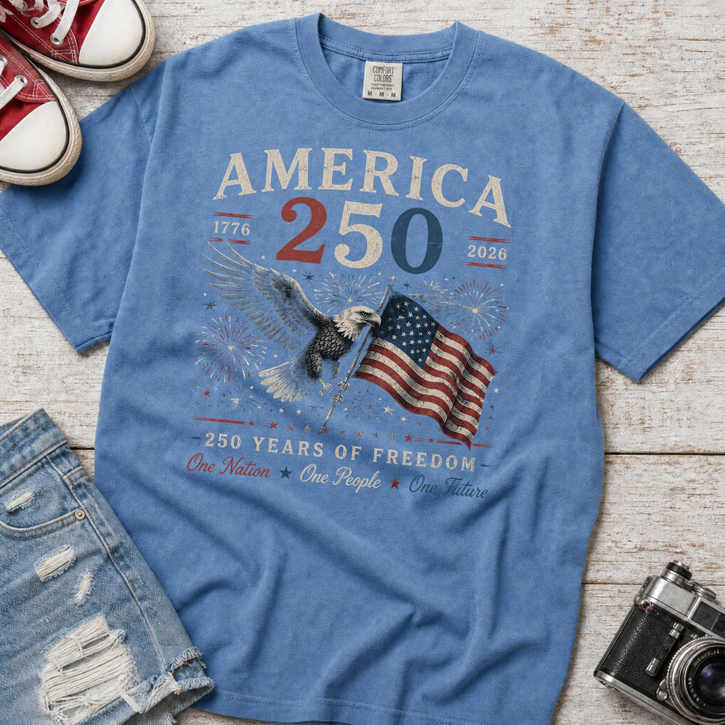 America 250 Eagle & Flag T-Shirt, 250 Years of Freedom Patriotic Tee