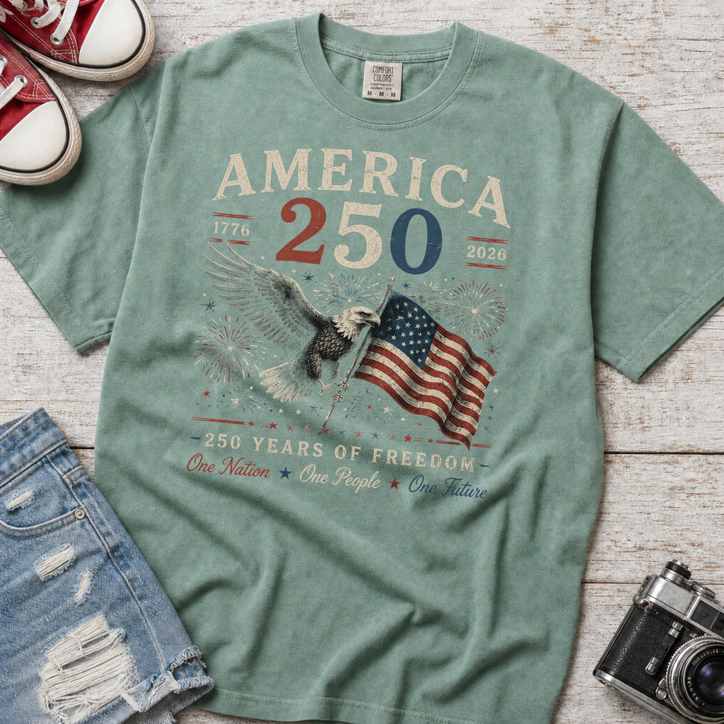 America 250 Eagle & Flag T-Shirt, 250 Years of Freedom Patriotic Tee