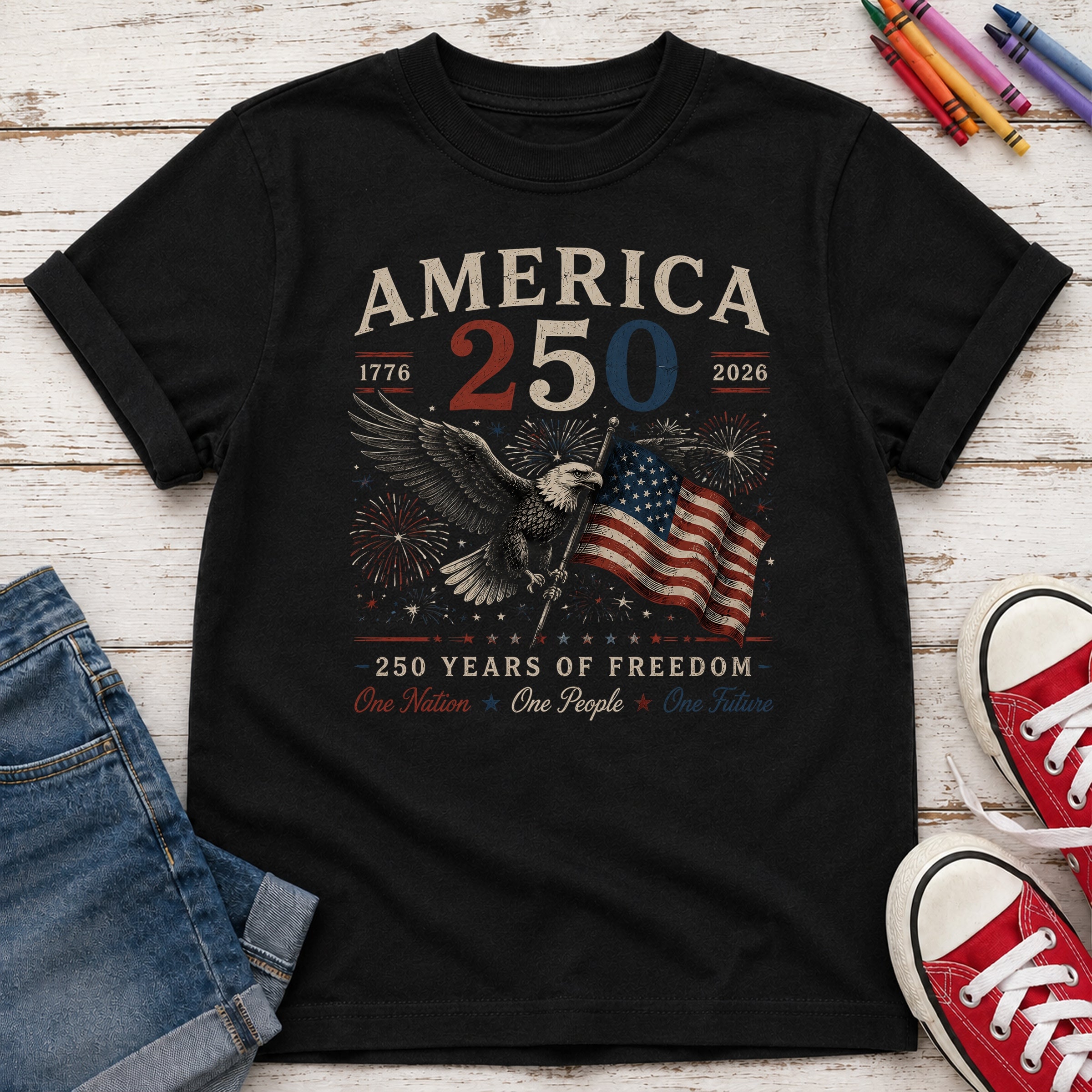 America 250 Patriotic Eagle & Flag Youth Tee, 250 Years of Freedom