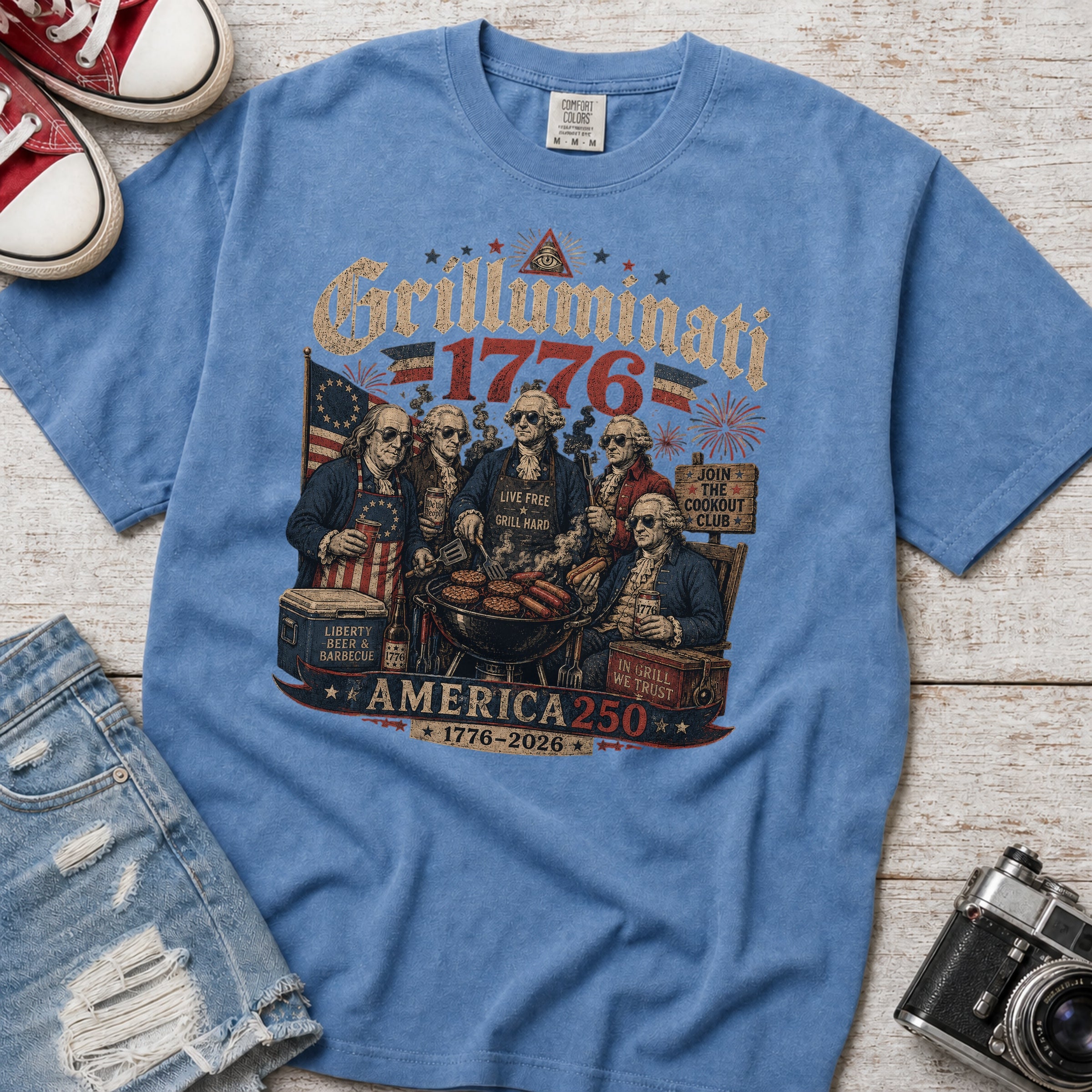 Founding Fathers Grilluminati Patriotic T-Shirt, America250 1776–2026 Vintage Tee