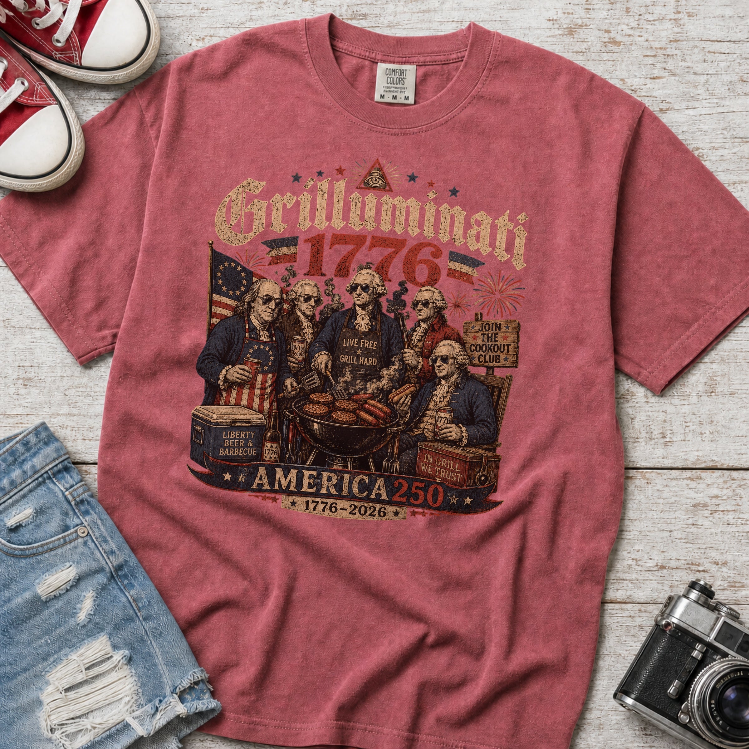 Founding Fathers Grilluminati Patriotic T-Shirt, America250 1776–2026 Vintage Tee