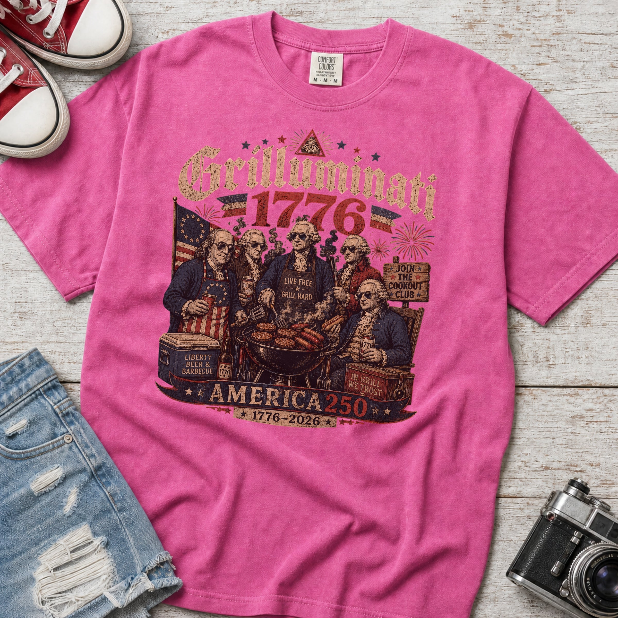 Founding Fathers Grilluminati Patriotic T-Shirt, America250 1776–2026 Vintage Tee