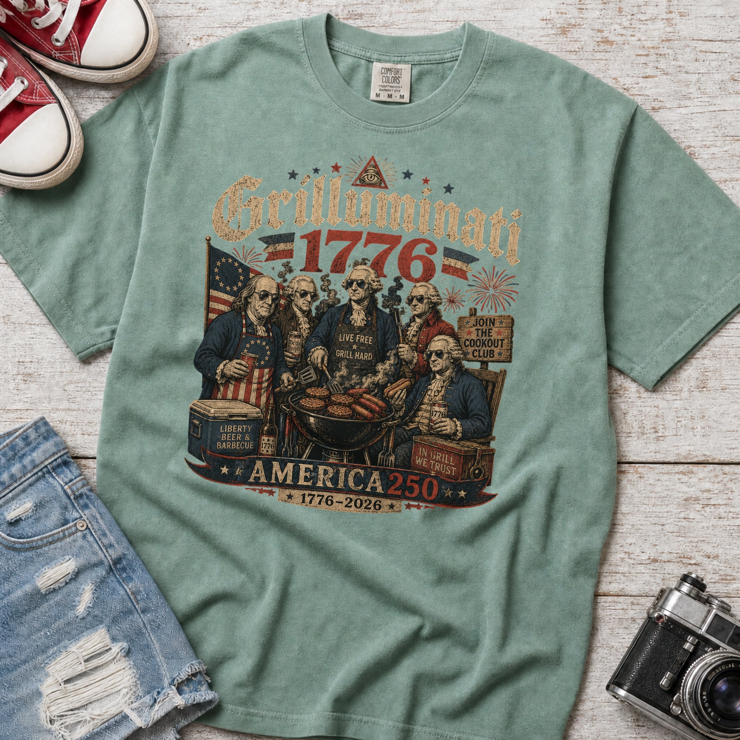 Founding Fathers Grilluminati Patriotic T-Shirt, America250 1776–2026 Vintage Tee