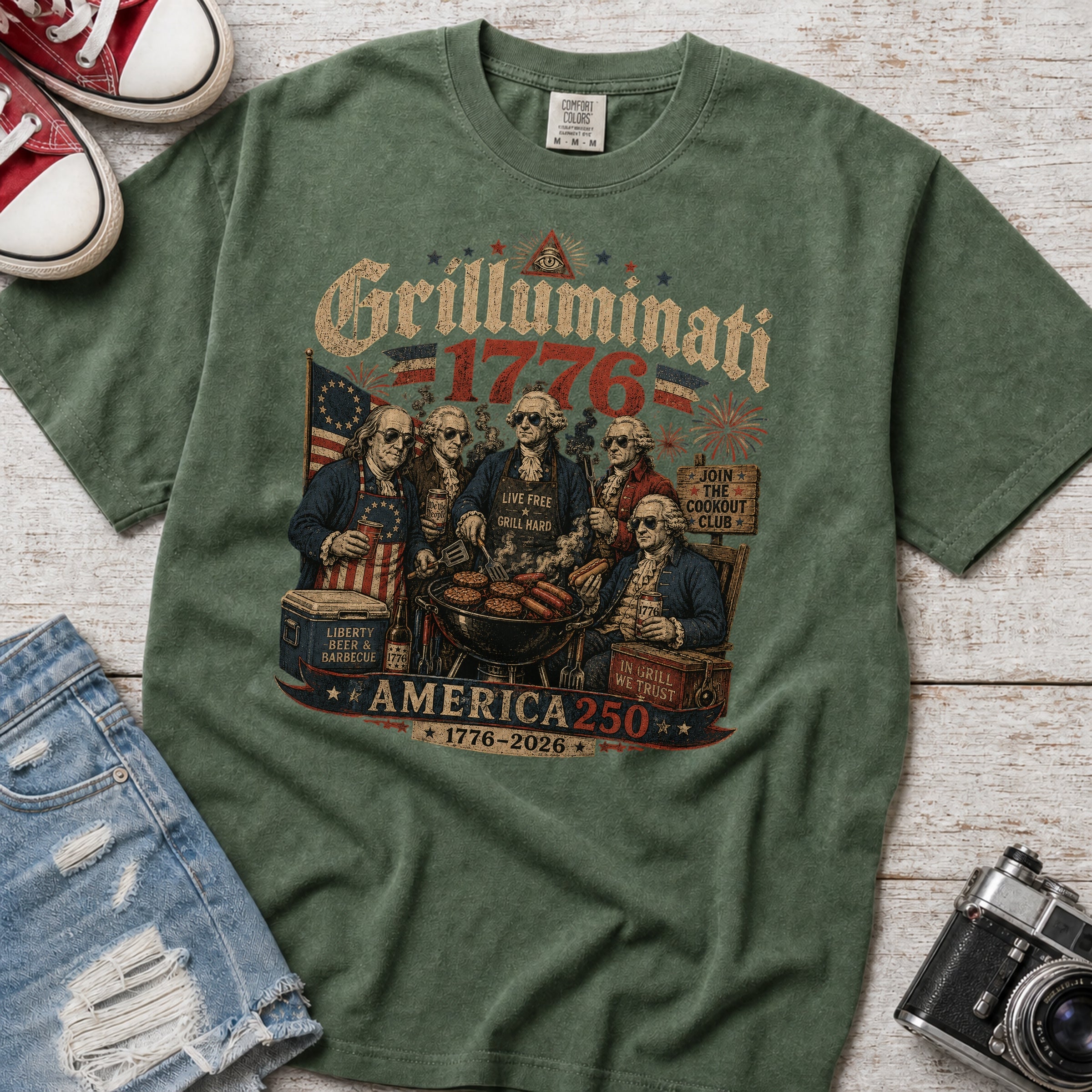 Founding Fathers Grilluminati Patriotic T-Shirt, America250 1776–2026 Vintage Tee