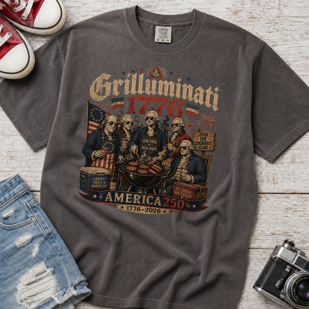 Founding Fathers Grilluminati Patriotic T-Shirt, America250 1776–2026 Vintage Tee