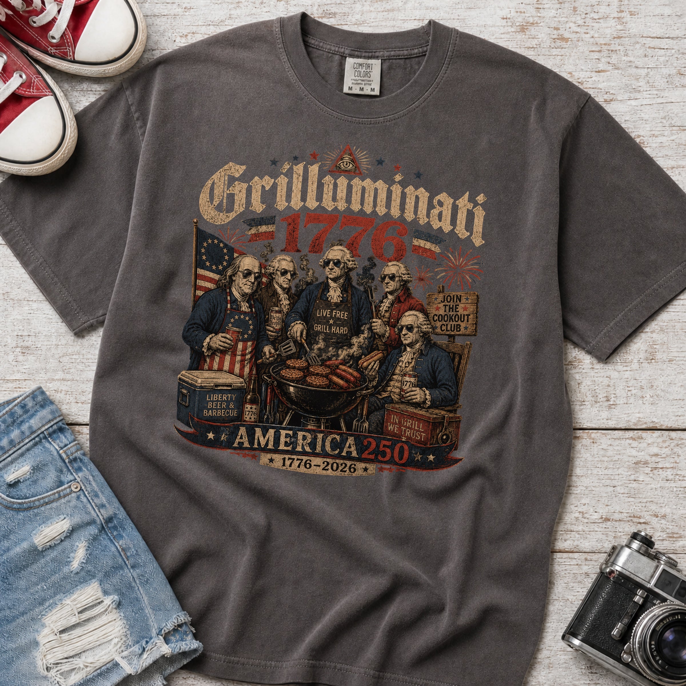 Founding Fathers Grilluminati Patriotic T-Shirt, America250 1776–2026 Vintage Tee