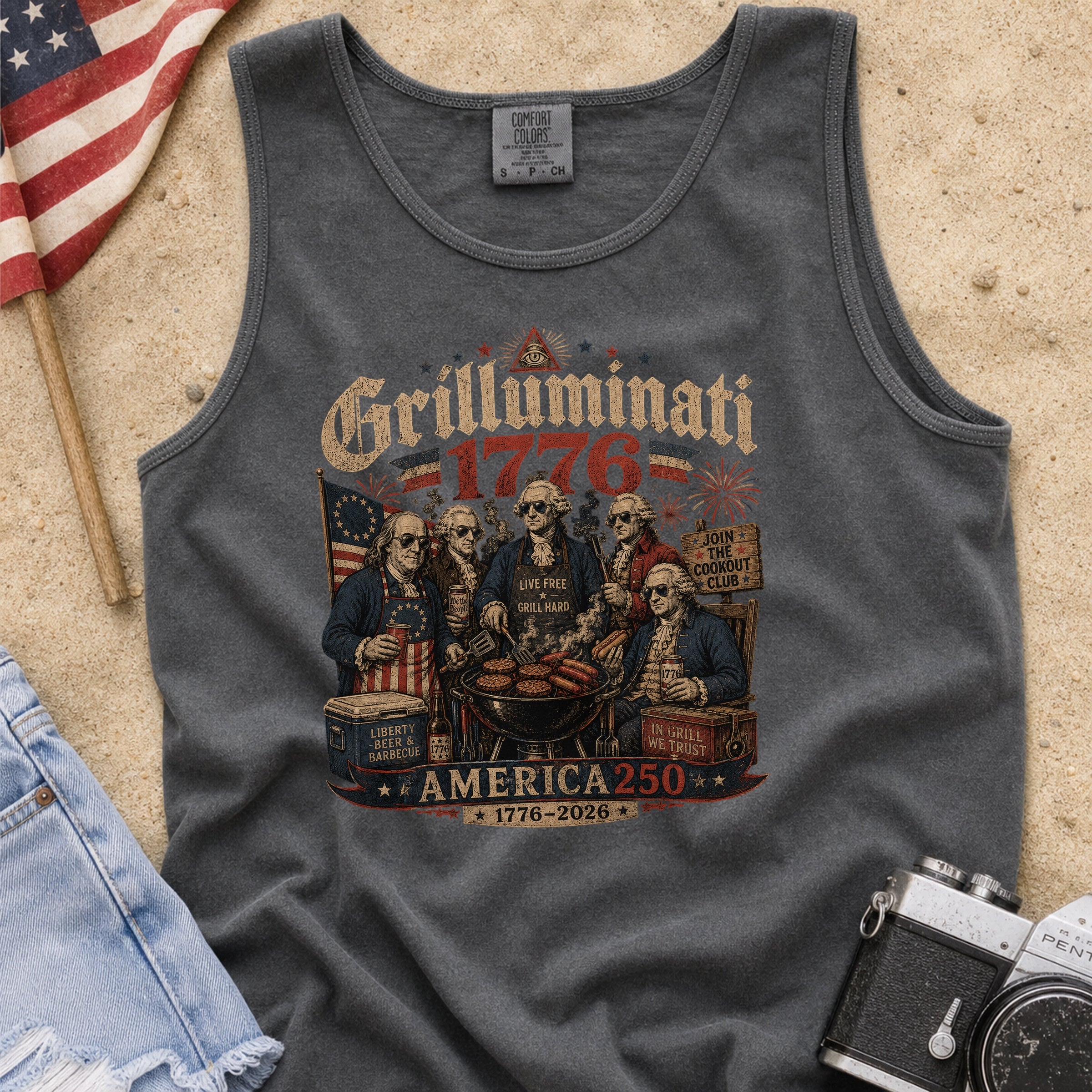 Founding Fathers Grilluminati Patriotic Tank Top, America250 1776–2026 Vintage Shirt