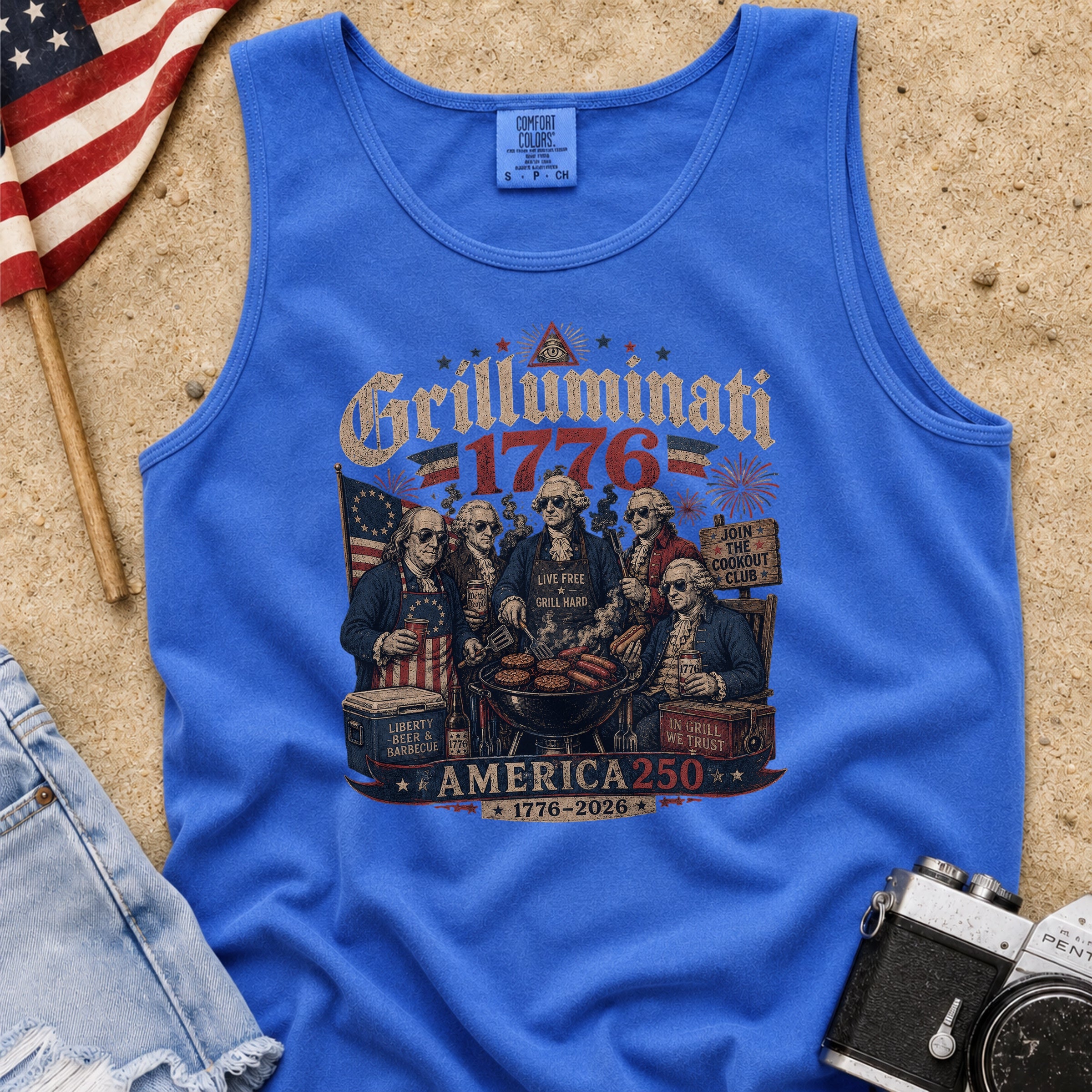 Founding Fathers Grilluminati Patriotic Tank Top, America250 1776–2026 Vintage Shirt