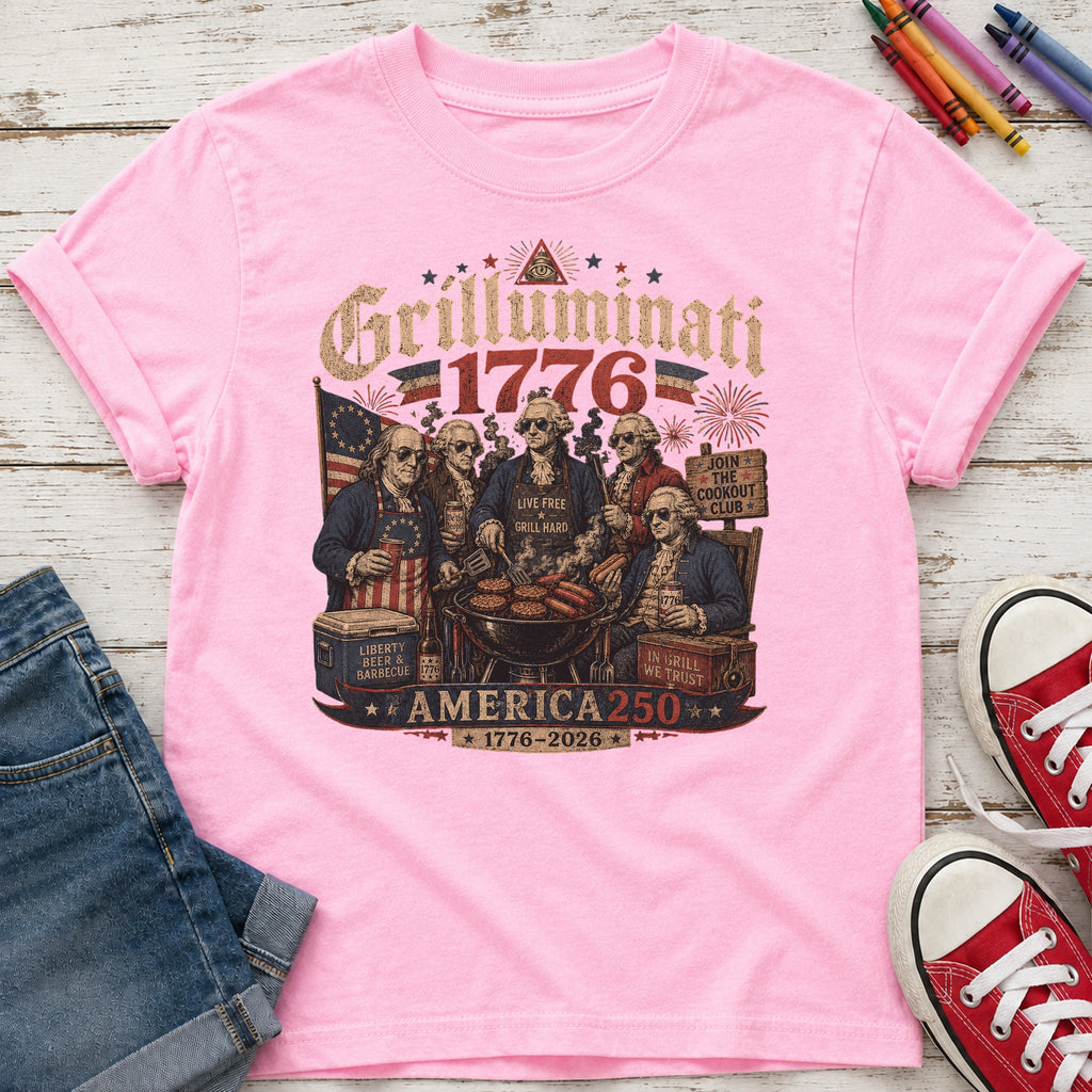 Founding Fathers Grilluminati Patriotic Youth Tee, America250 1776–2026 Vintage Shirt