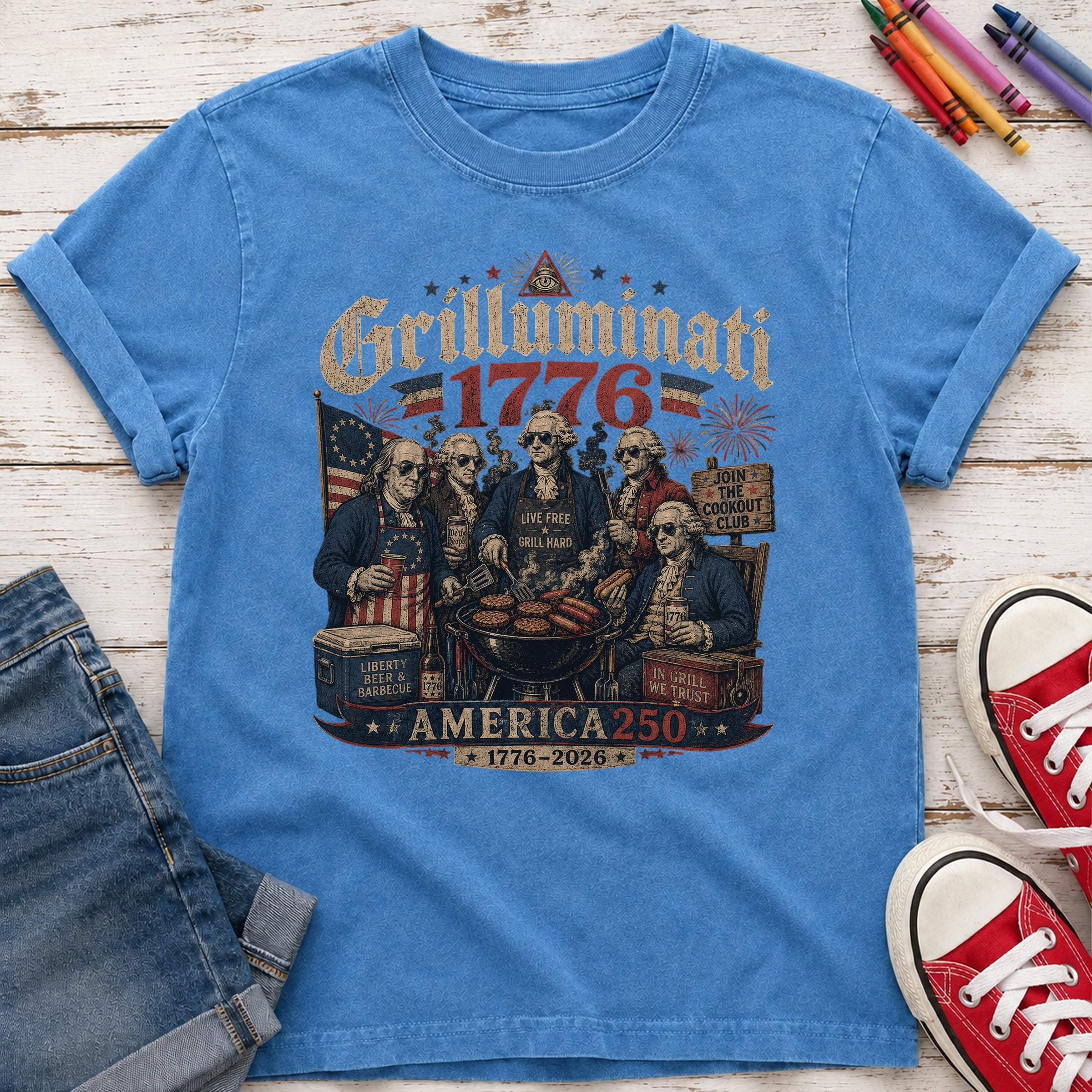Founding Fathers Grilluminati Patriotic Youth Tee, America250 1776–2026 Vintage Shirt