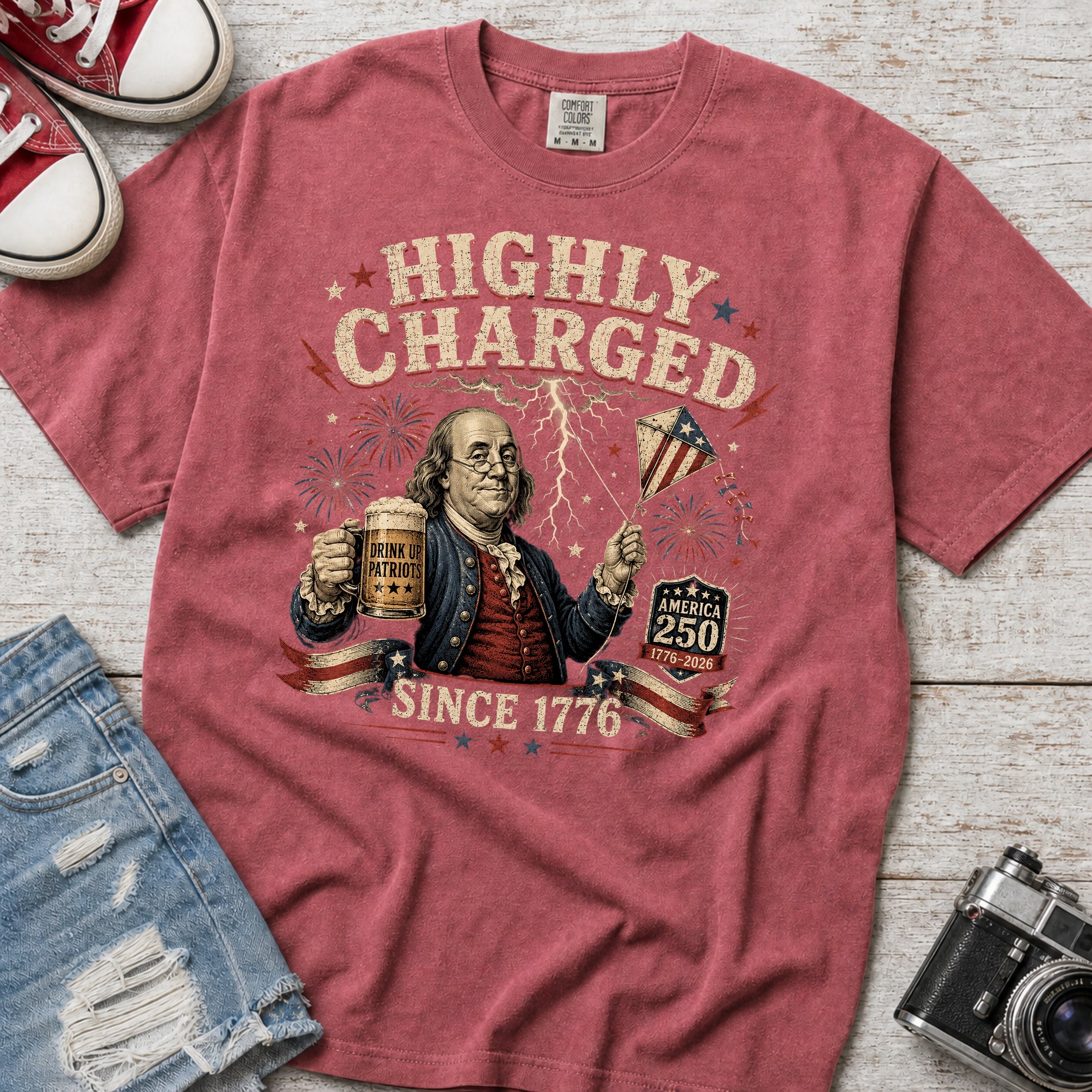 Highly Charged Since 1776 Benjamin Franklin Patriotic Beer America250 T-Shirt