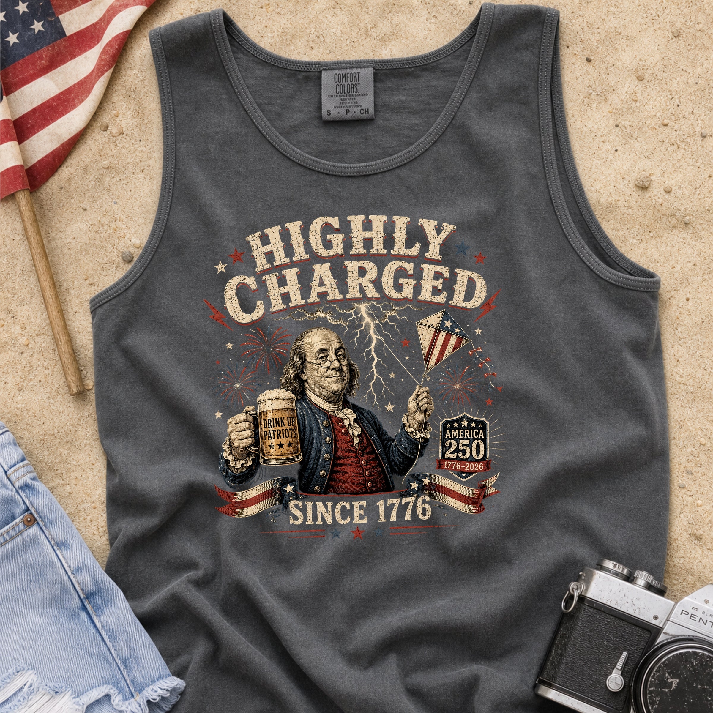 Highly Charged Since 1776 Benjamin Franklin Patriotic Beer America250 Tank Top Secondary image