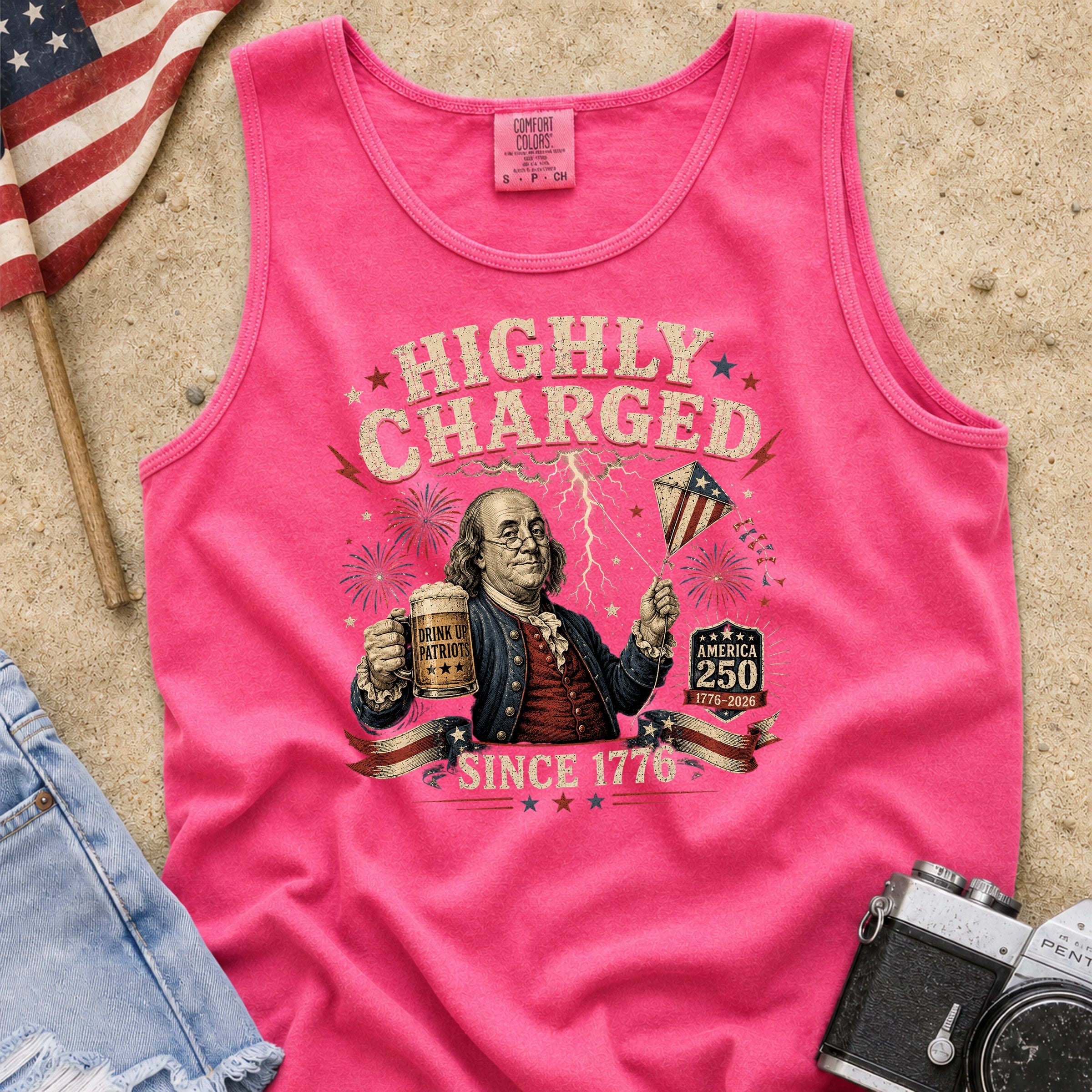 Highly Charged Since 1776 Benjamin Franklin Patriotic Beer America250 Tank Top