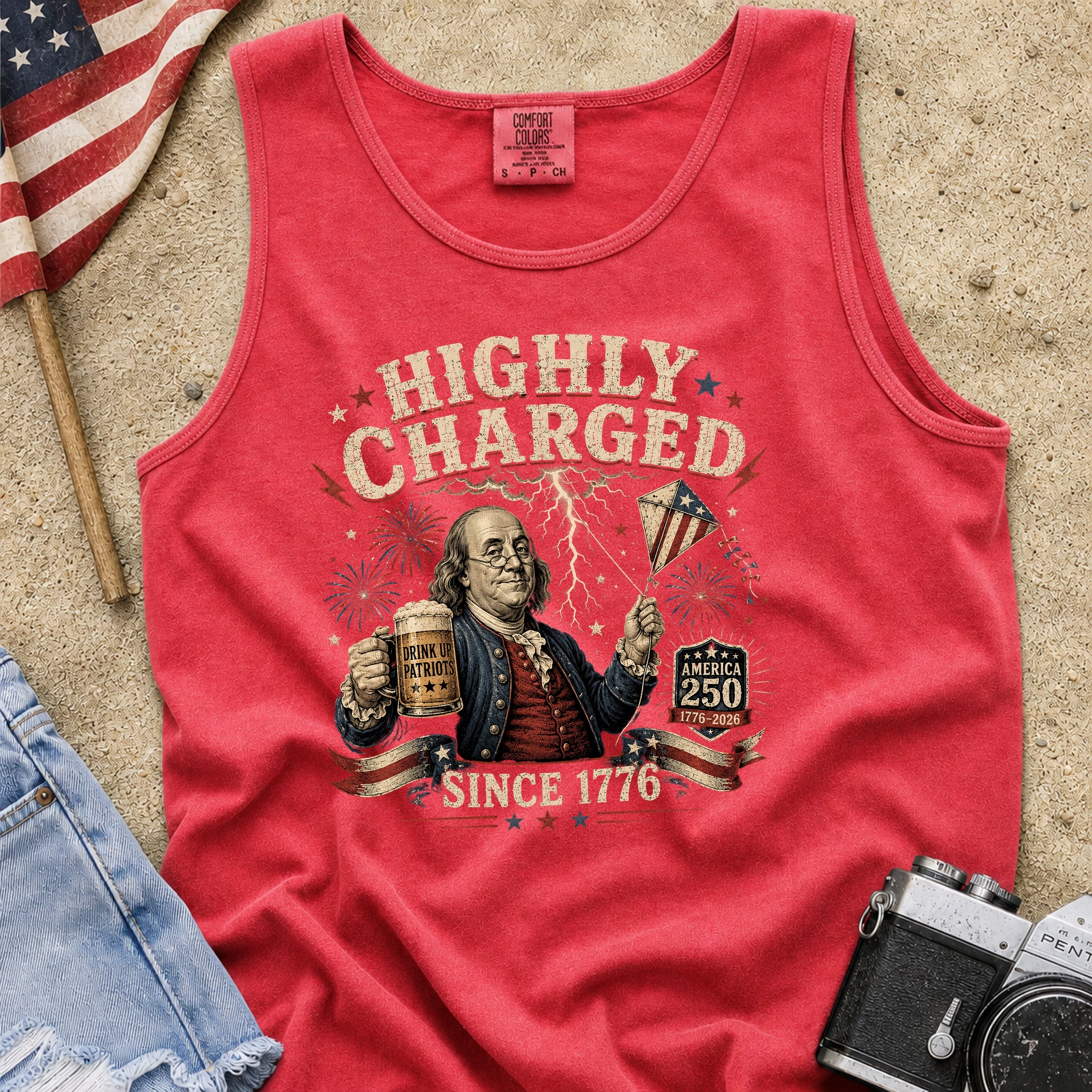 Highly Charged Since 1776 Benjamin Franklin Patriotic Beer America250 Tank Top