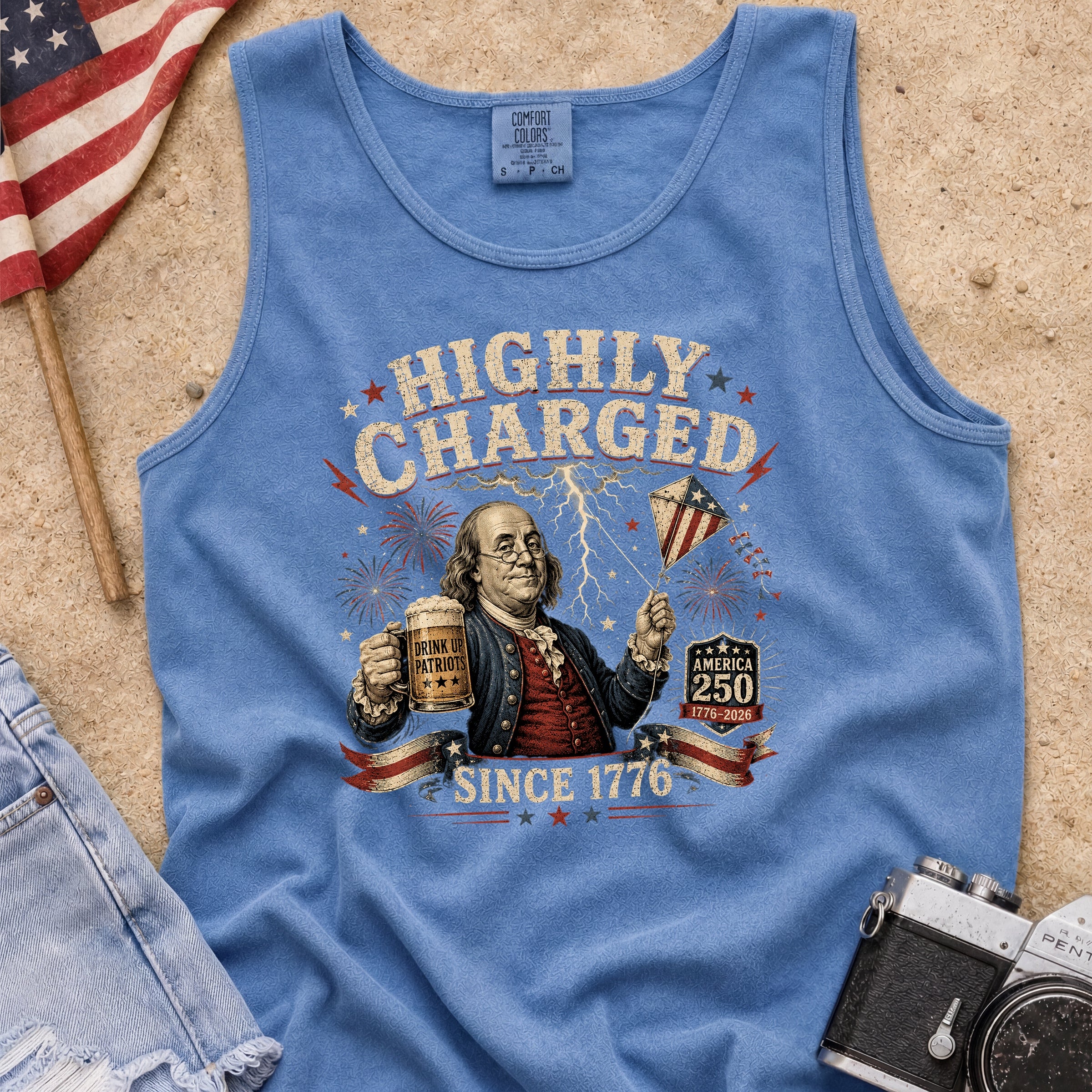 Highly Charged Since 1776 Benjamin Franklin Patriotic Beer America250 Tank Top Main image