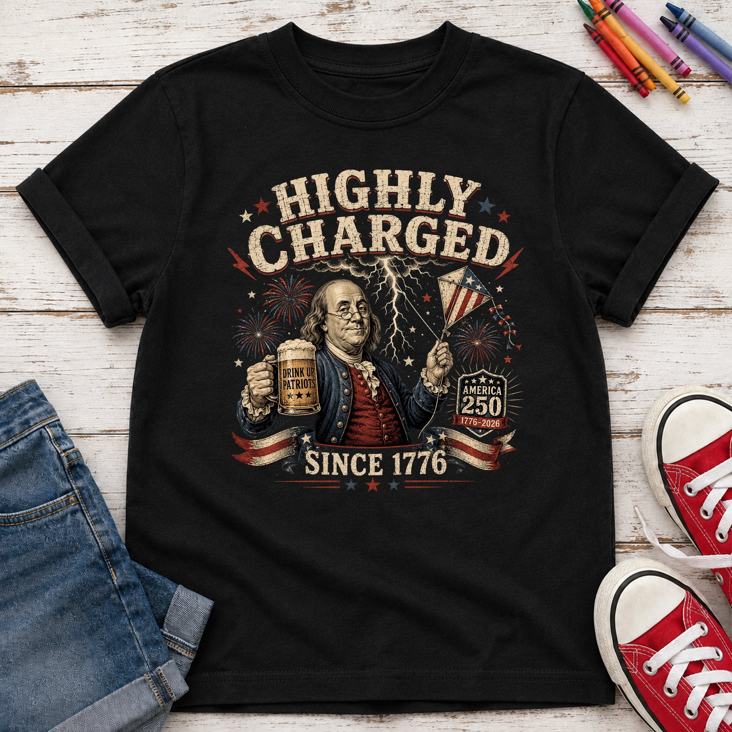 Highly Charged Since 1776 Benjamin Franklin Patriotic Beer America250 Youth Tee