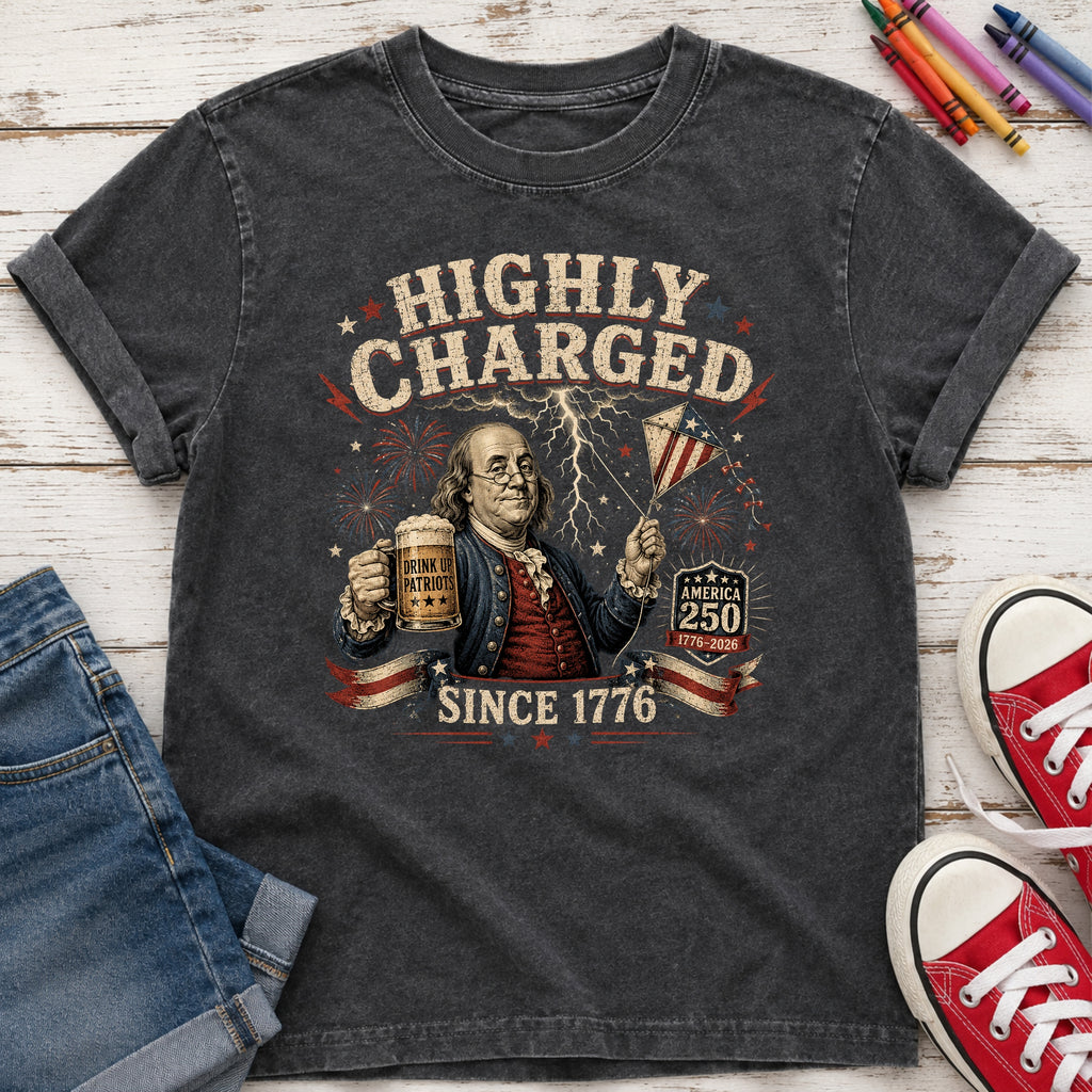 Highly Charged Since 1776 Benjamin Franklin Patriotic Beer America250 Youth Tee