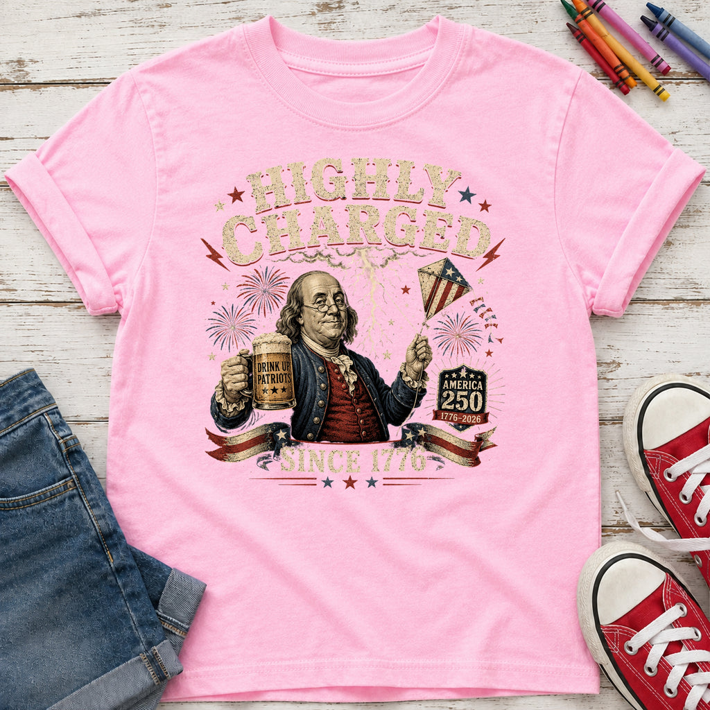 Highly Charged Since 1776 Benjamin Franklin Patriotic Beer America250 Youth Tee