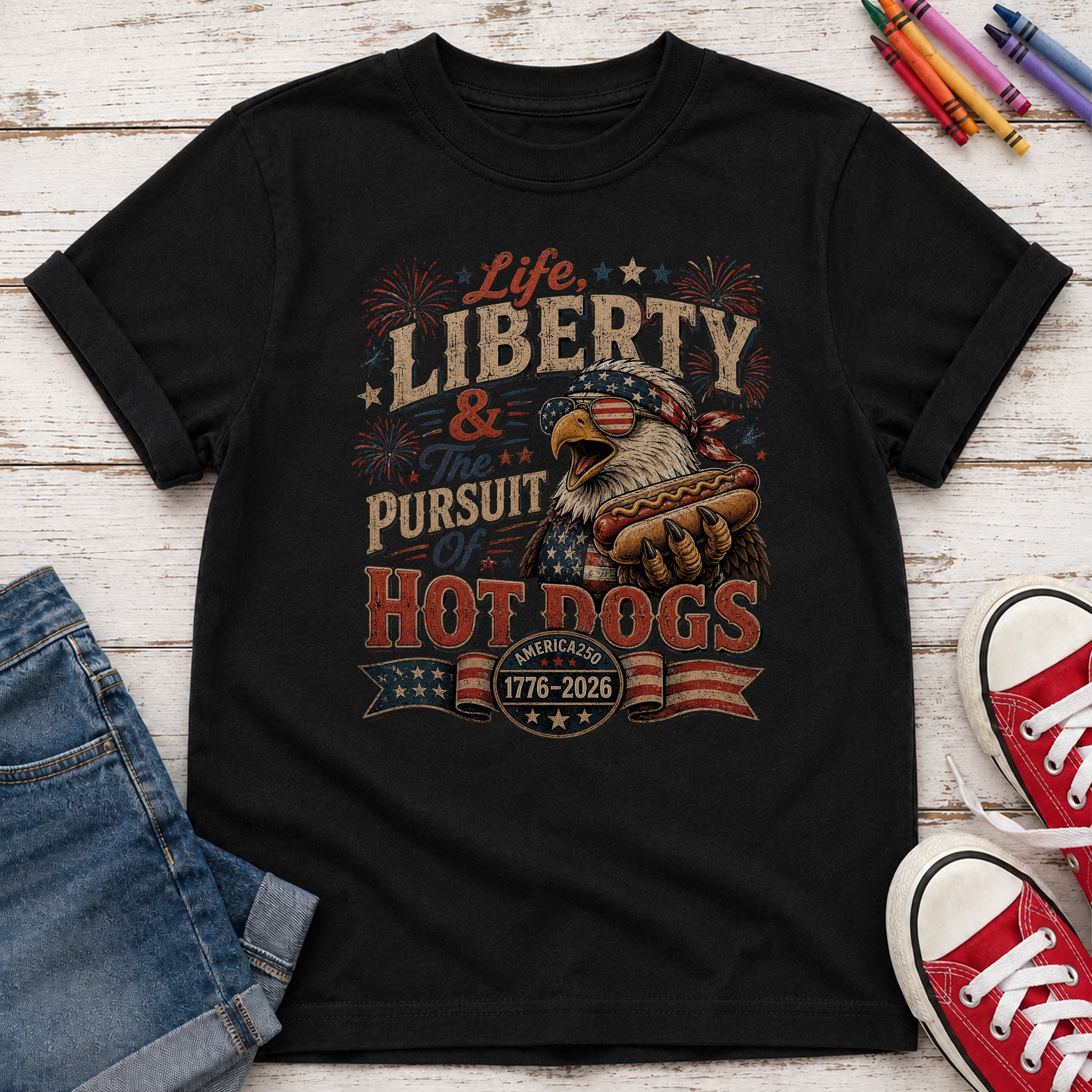 Life, Liberty & The Hot Dogs Patriotic Eagle BBQ America 250 Youth Tee Secondary image