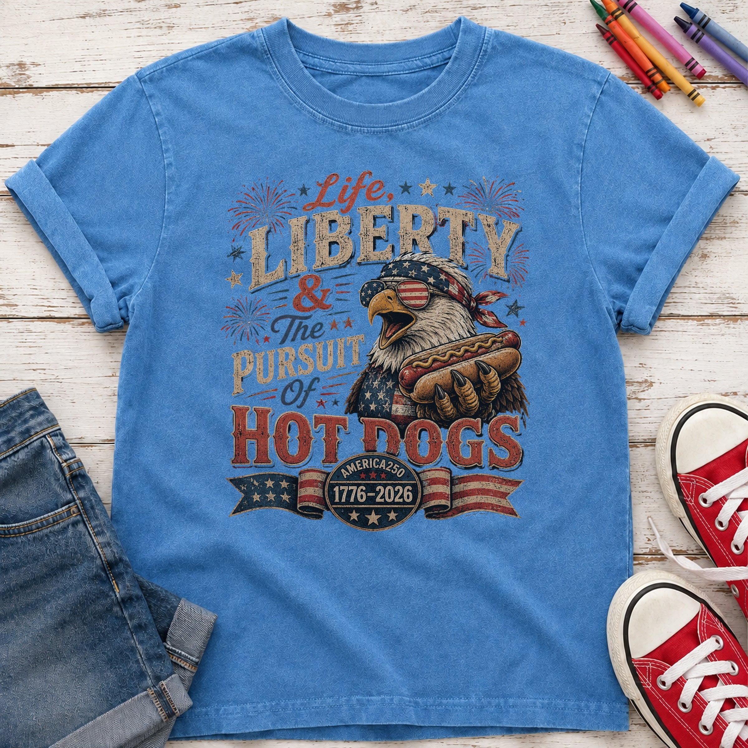 Life, Liberty & The Hot Dogs Patriotic Eagle BBQ America 250 Youth Tee