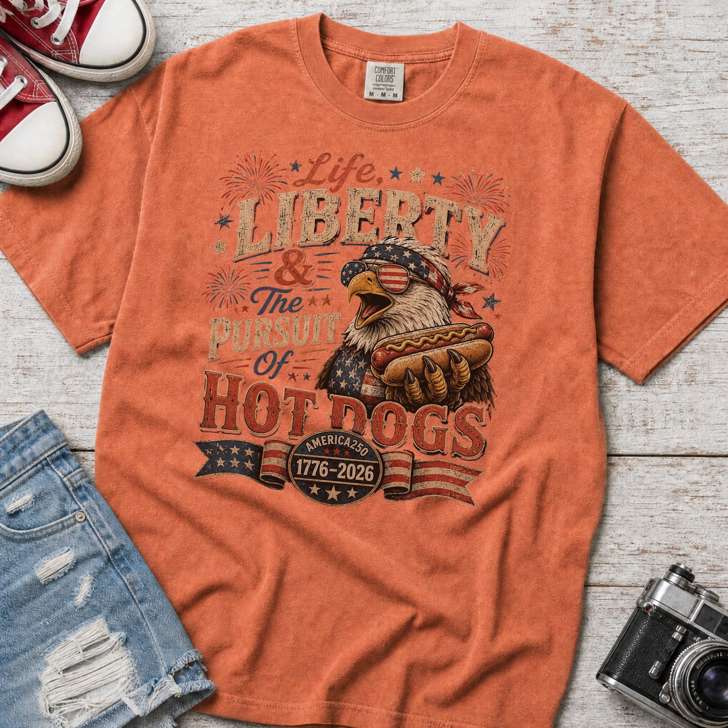 Life, Liberty & The Hot Dogs Patriotic Eagle BBQ America 250 T-Shirt