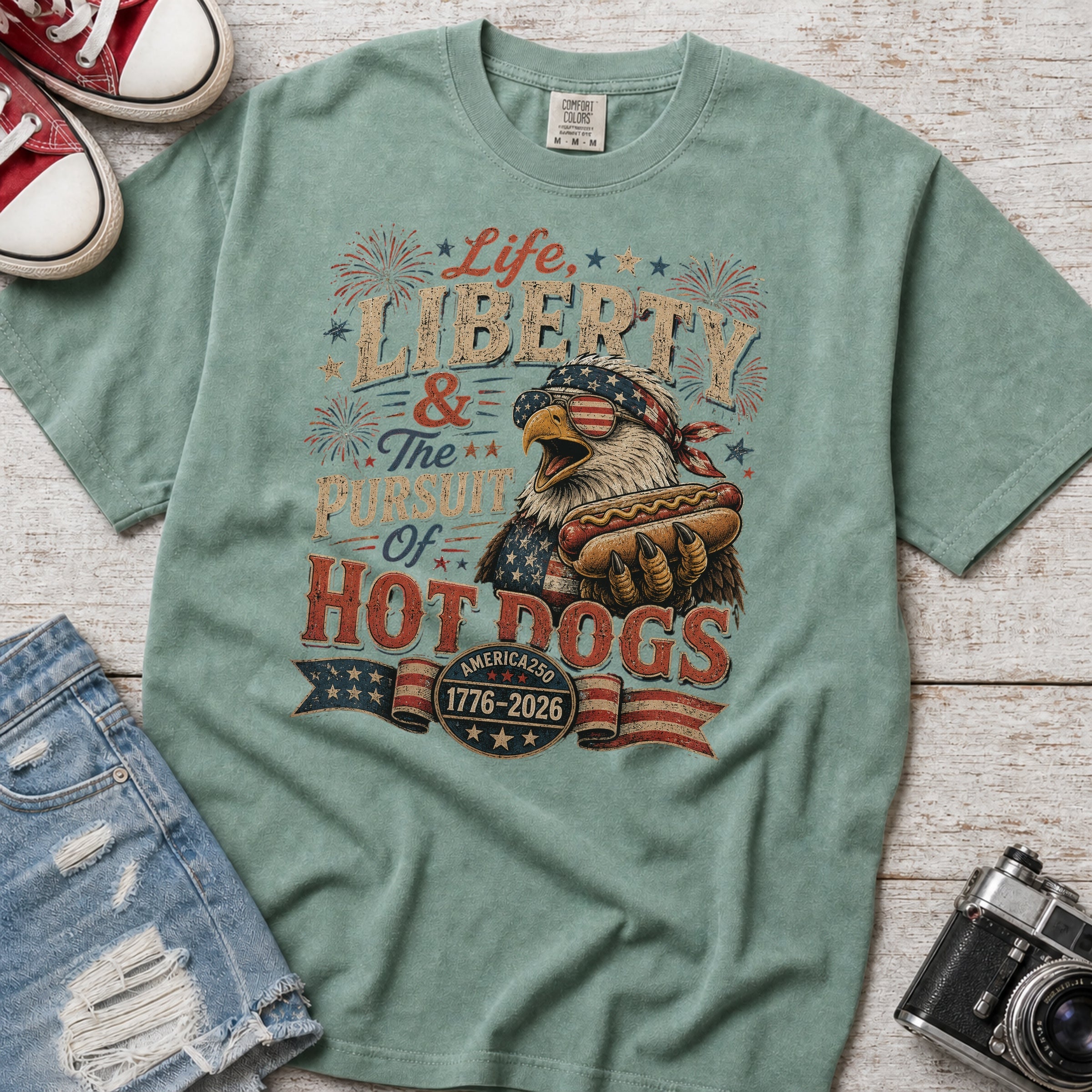 Life, Liberty & The Hot Dogs Patriotic Eagle BBQ America 250 T-Shirt