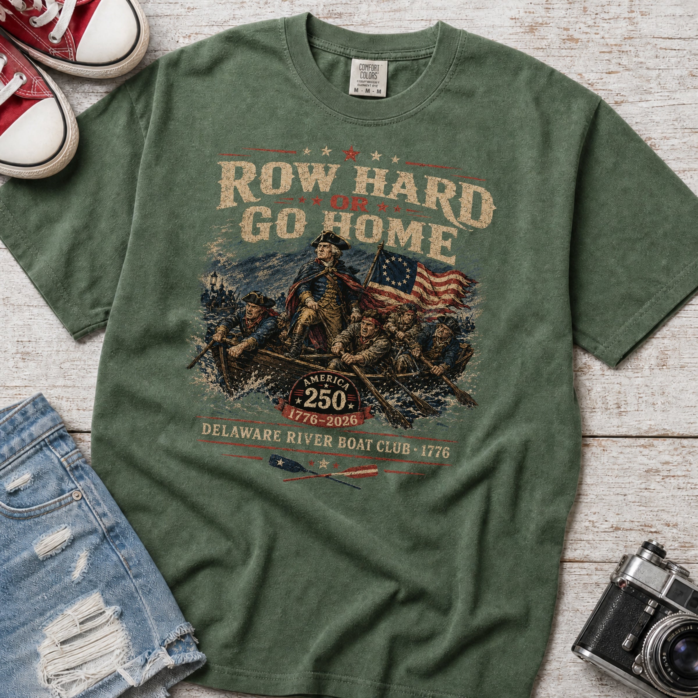 Row Hard or Go Home T-Shirt, Delaware Row Boat Club America 250 Tee