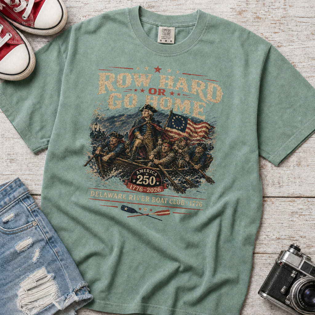 Row Hard or Go Home T-Shirt, Delaware Row Boat Club America 250 Tee