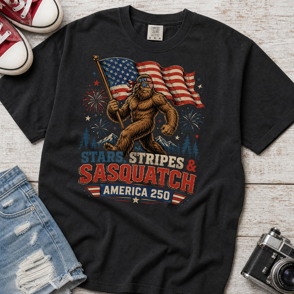 Stars, Stripes & Sasquatch T-Shirt, Patriotic America 250 Bigfoot Graphic Tee