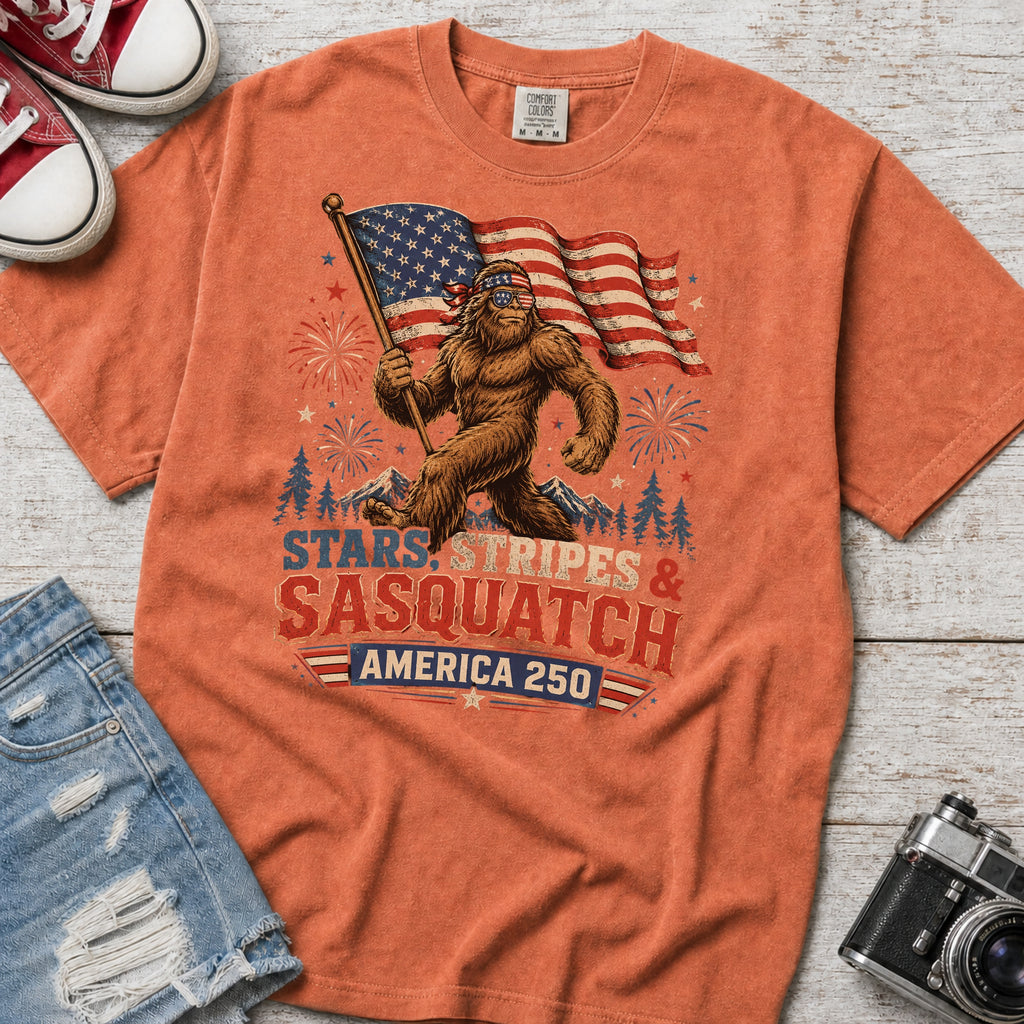 Stars, Stripes & Sasquatch T-Shirt, Patriotic America 250 Bigfoot Graphic Tee