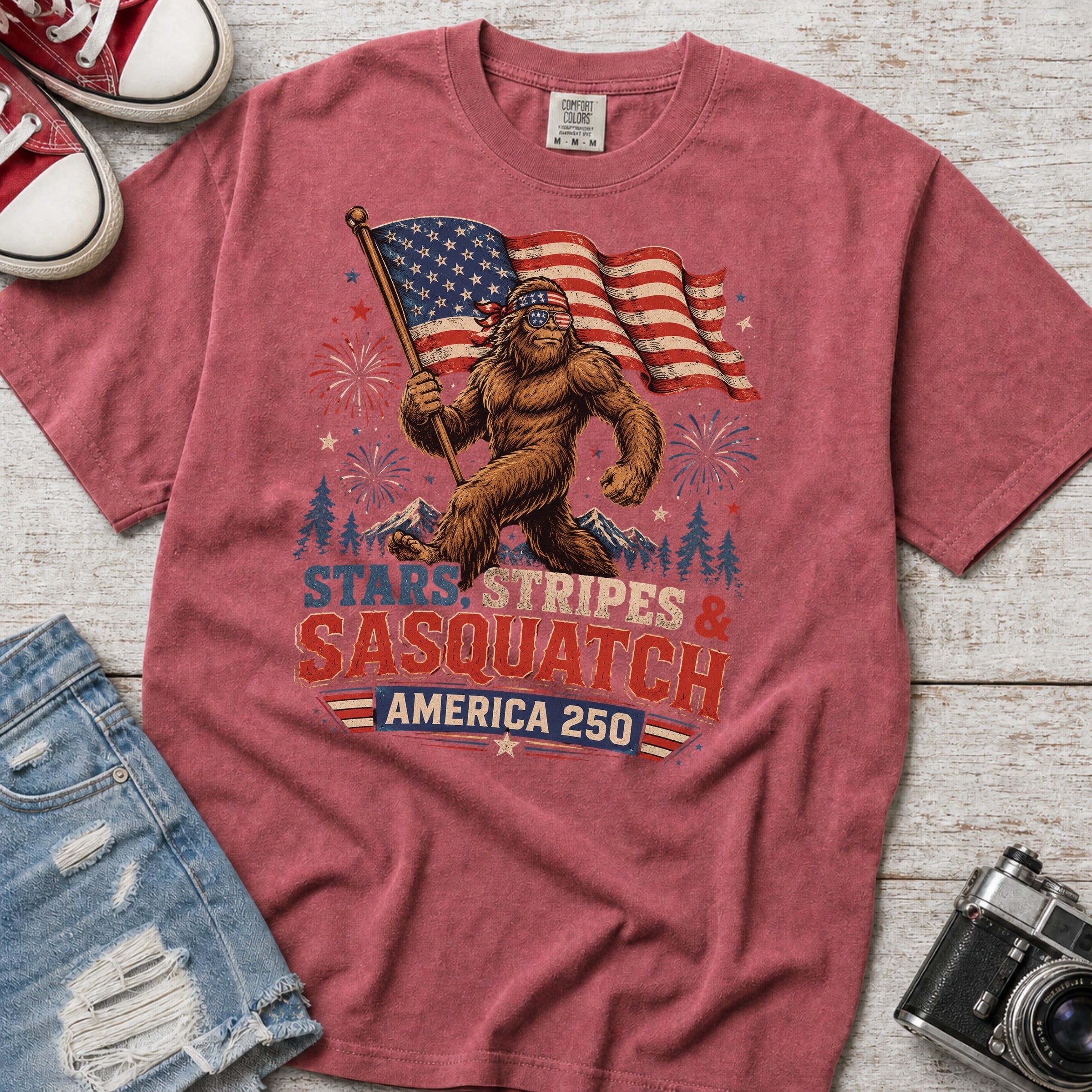 Stars, Stripes & Sasquatch T-Shirt, Patriotic America 250 Bigfoot Graphic Tee Secondary image
