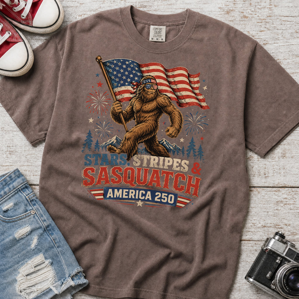 Stars, Stripes & Sasquatch T-Shirt, Patriotic America 250 Bigfoot Graphic Tee