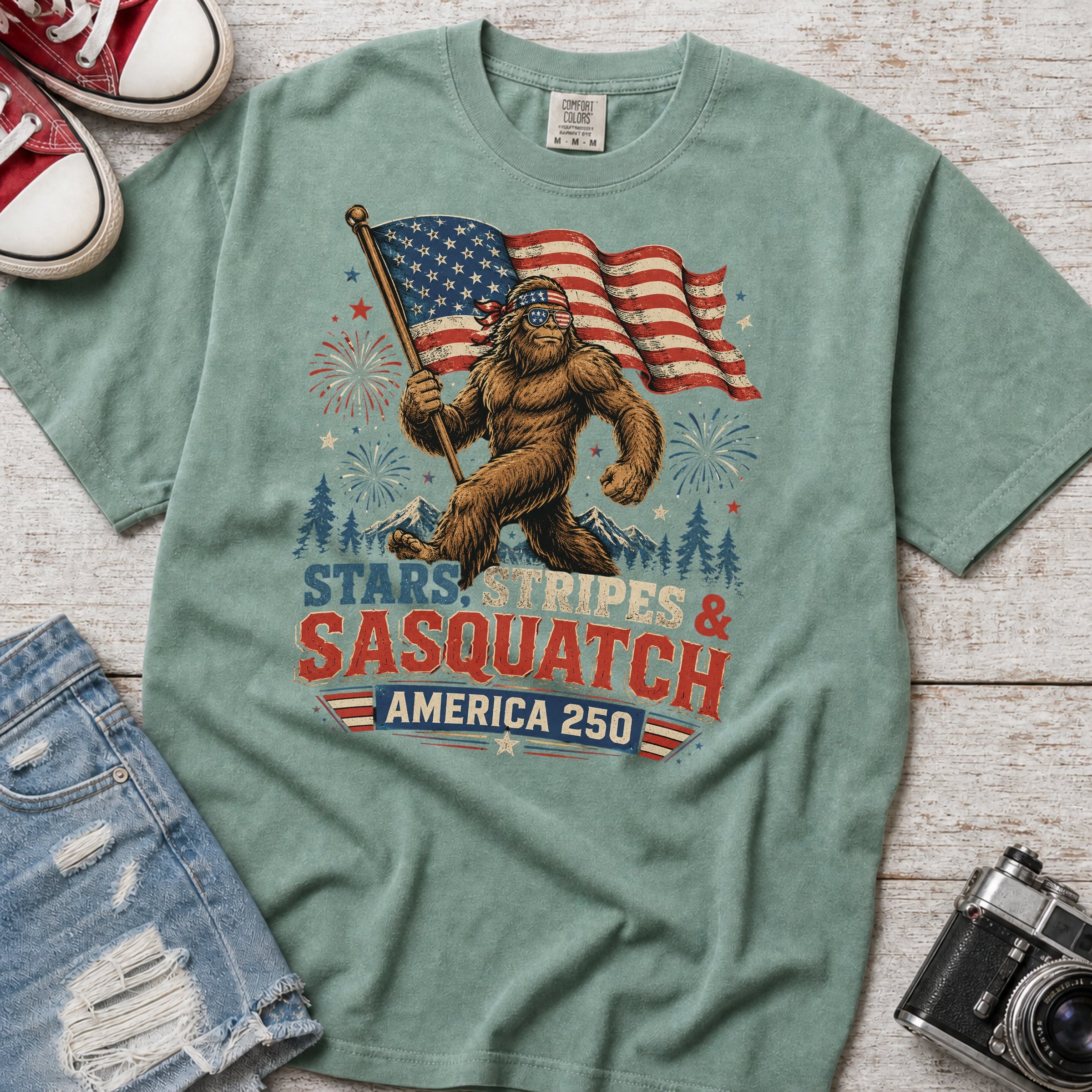 Stars, Stripes & Sasquatch T-Shirt, Patriotic America 250 Bigfoot Graphic Tee