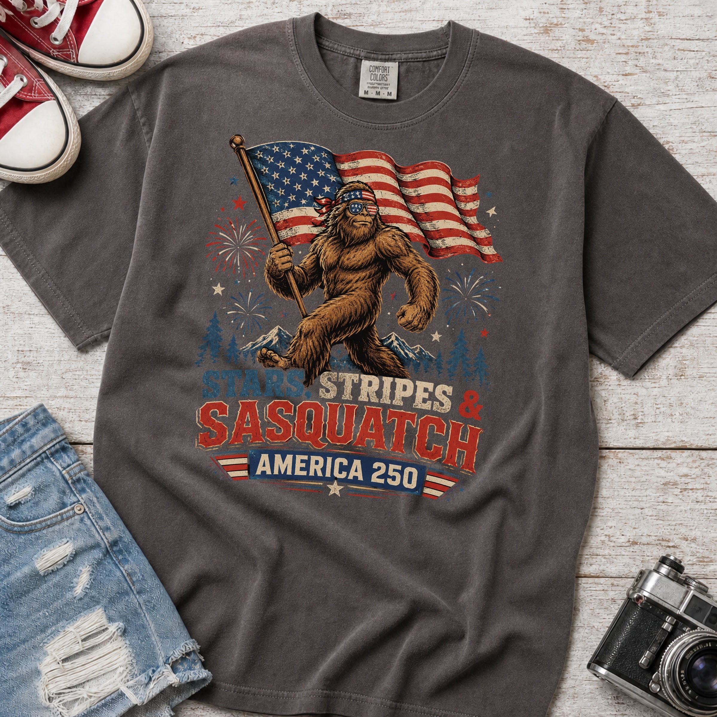Stars, Stripes & Sasquatch T-Shirt, Patriotic America 250 Bigfoot Graphic Tee
